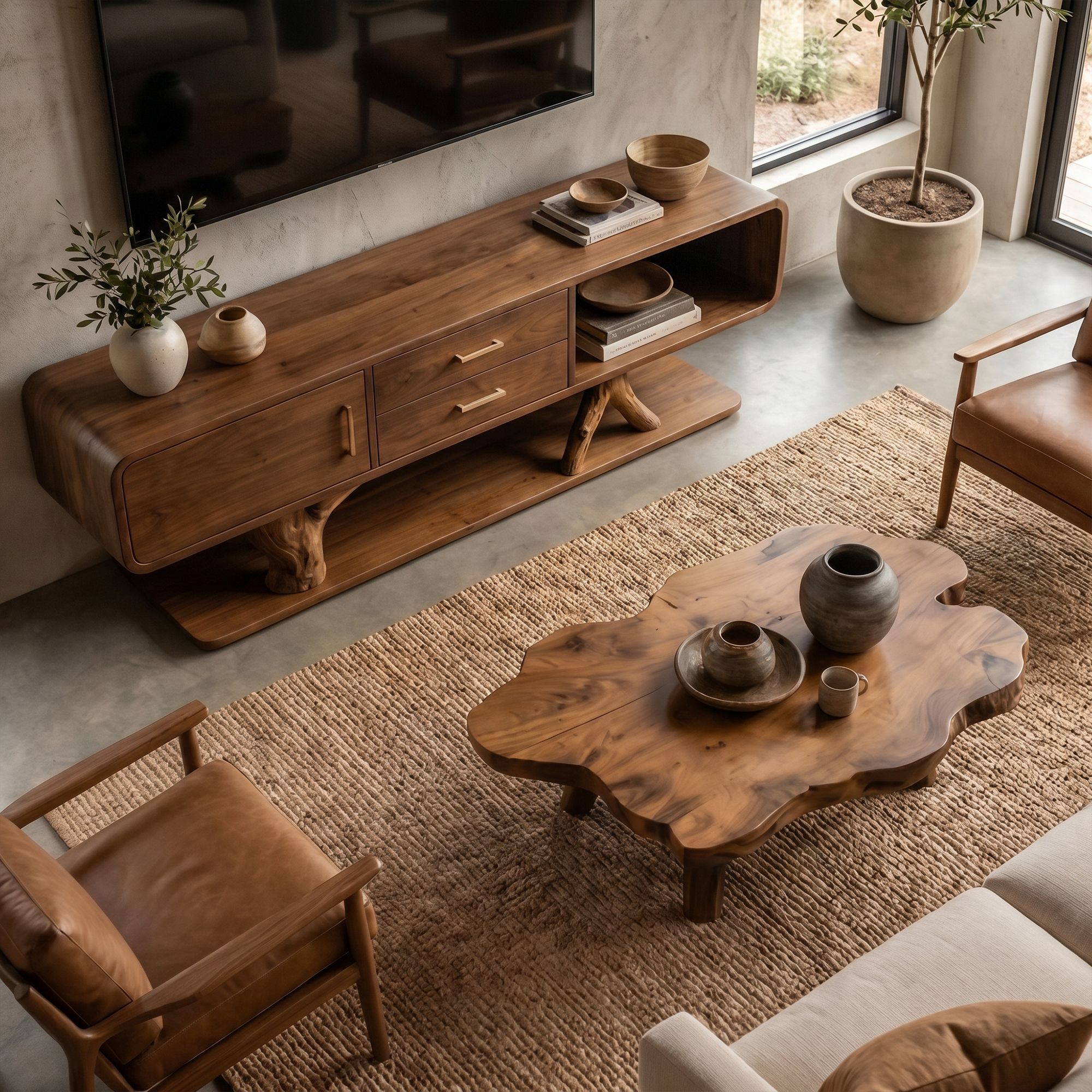 Modern Organic TV Cabinet With Built In Drawer Storage For Living Room