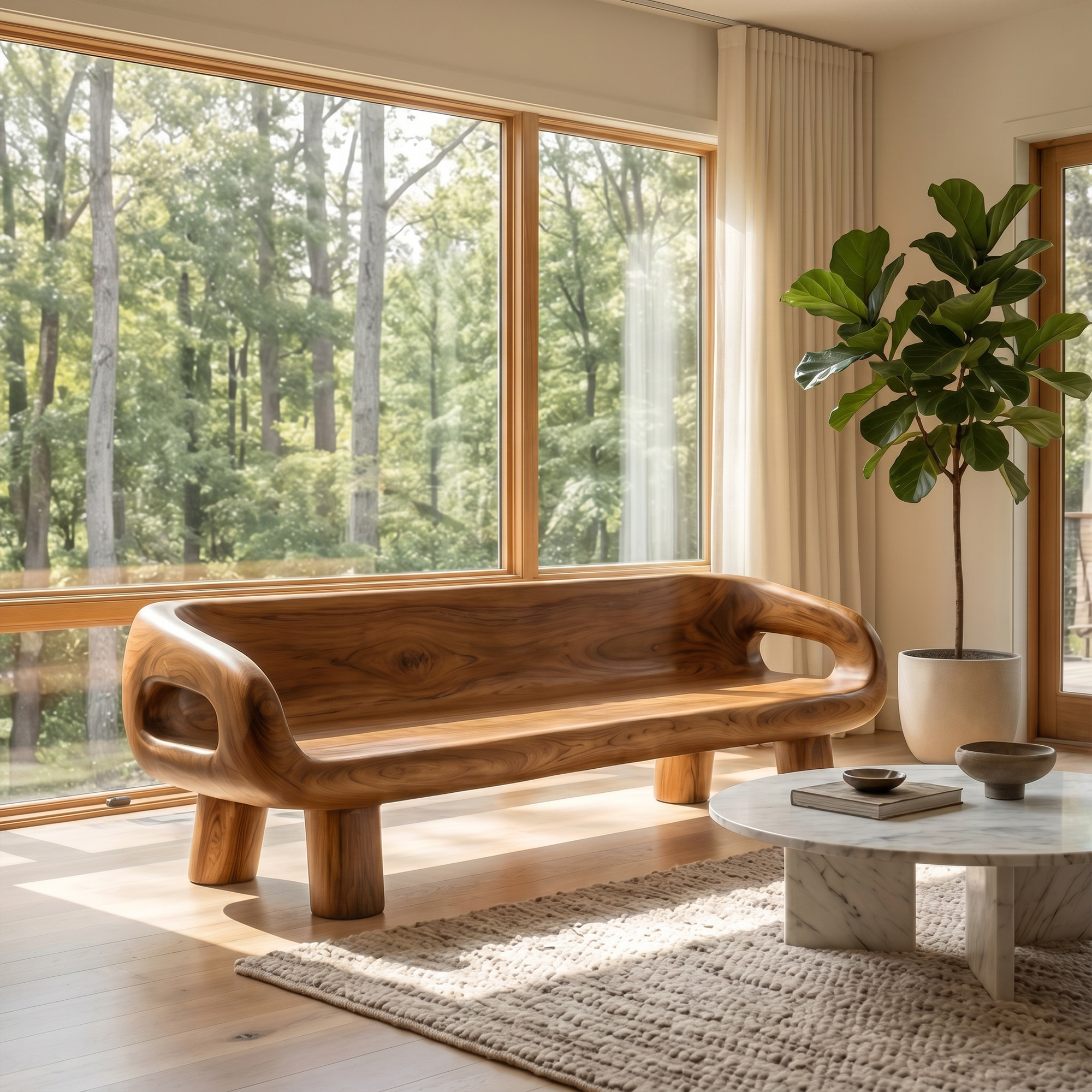 Modern Organic Sofa Frame With Curved Solid Wood Design And Integrated Side Table For Living Room