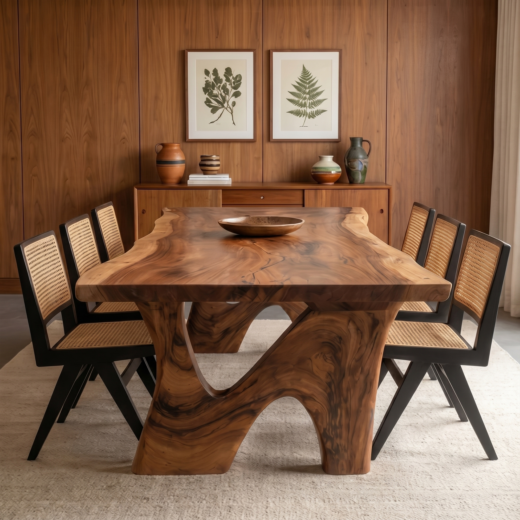 Rustic Modern Dining Table With Solid Wood Top And Sculptural Curved Base For Dining Room