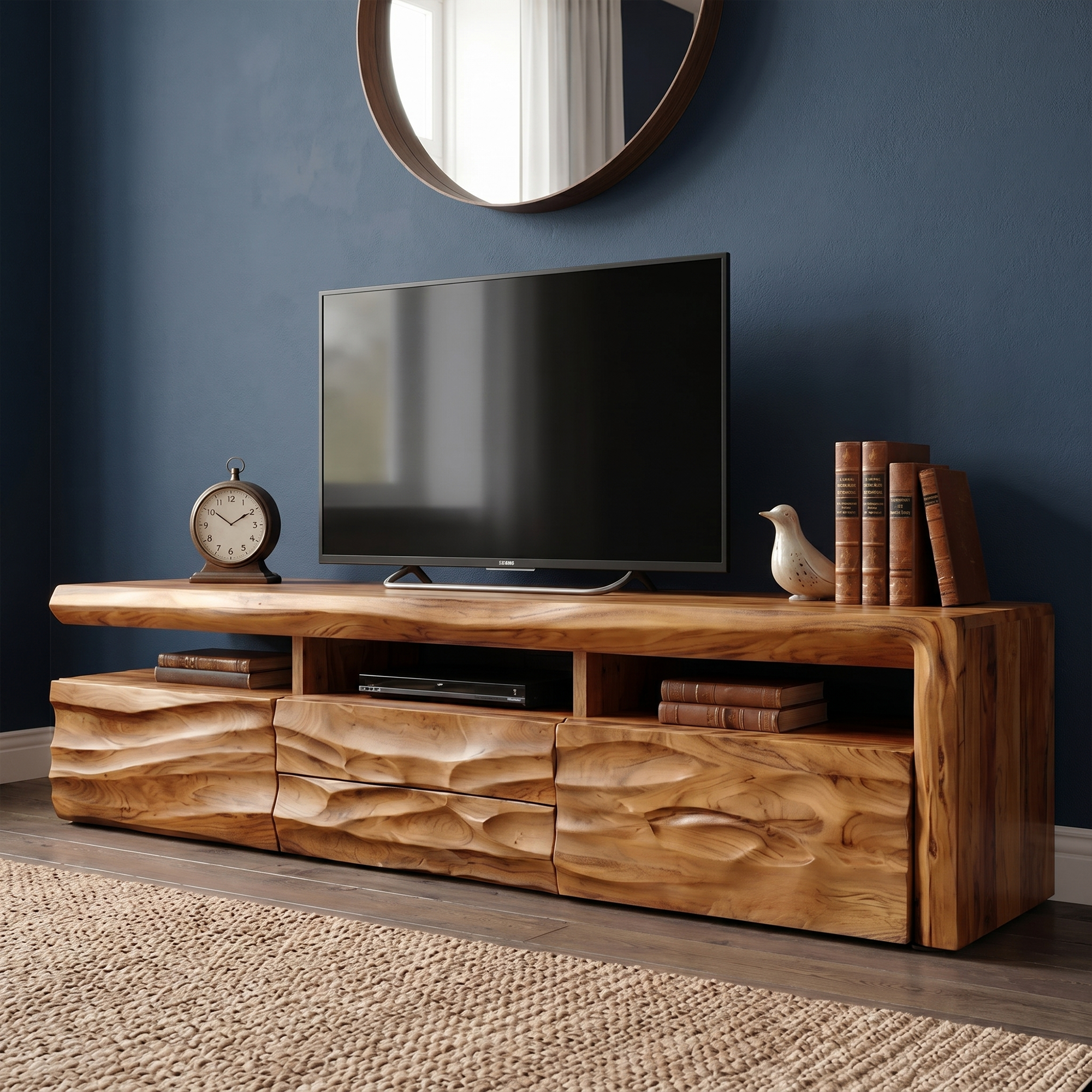 Organic TV Cabinet With Hand Carved Solid Wood Front And Open Media Storage For Living Room
