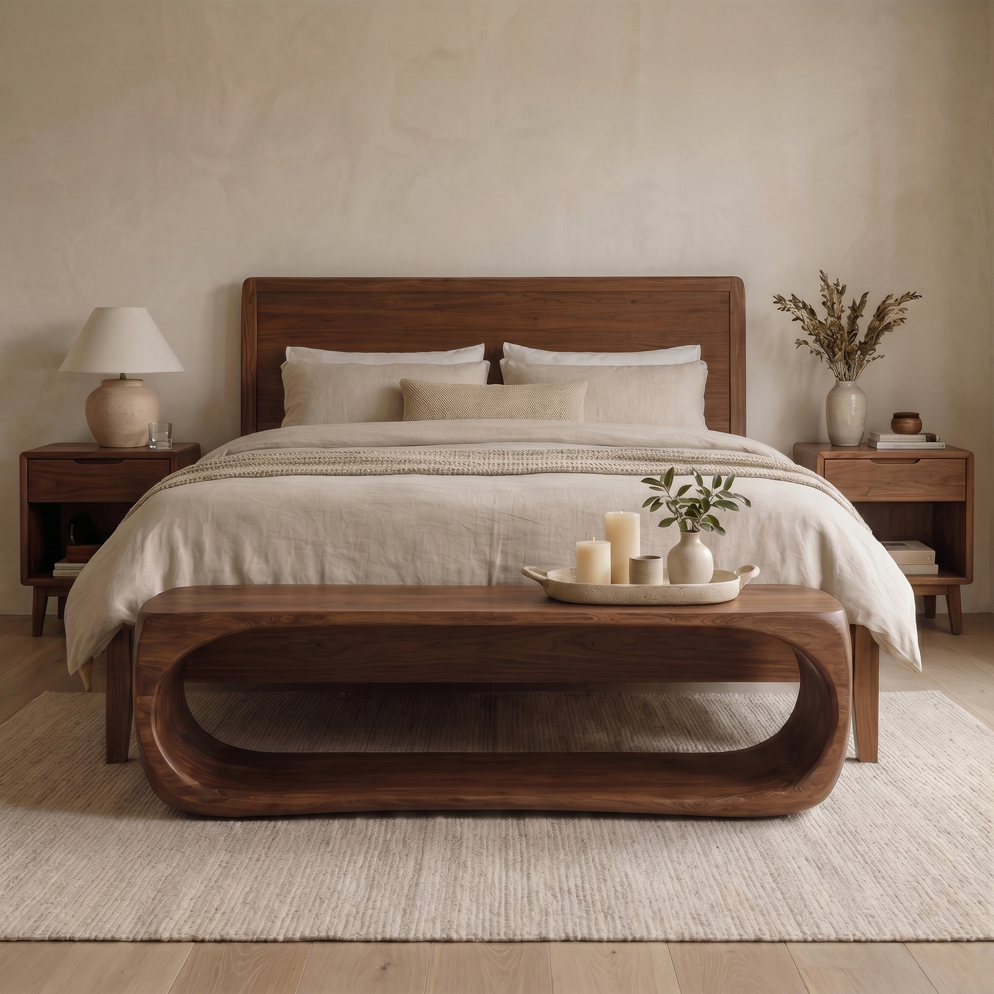 Organic Bench With Sculptural Curved Base And Open Storage Shelf For Entryway