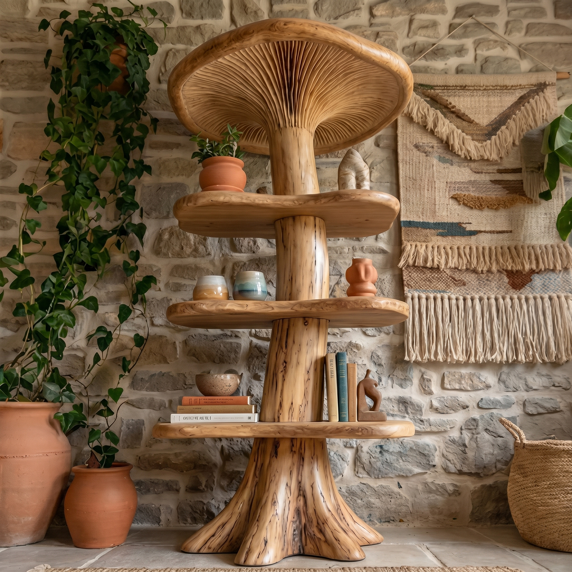 Organic Mushroom Bookshelf With Handcrafted Solid Wood Shelves For Living Room