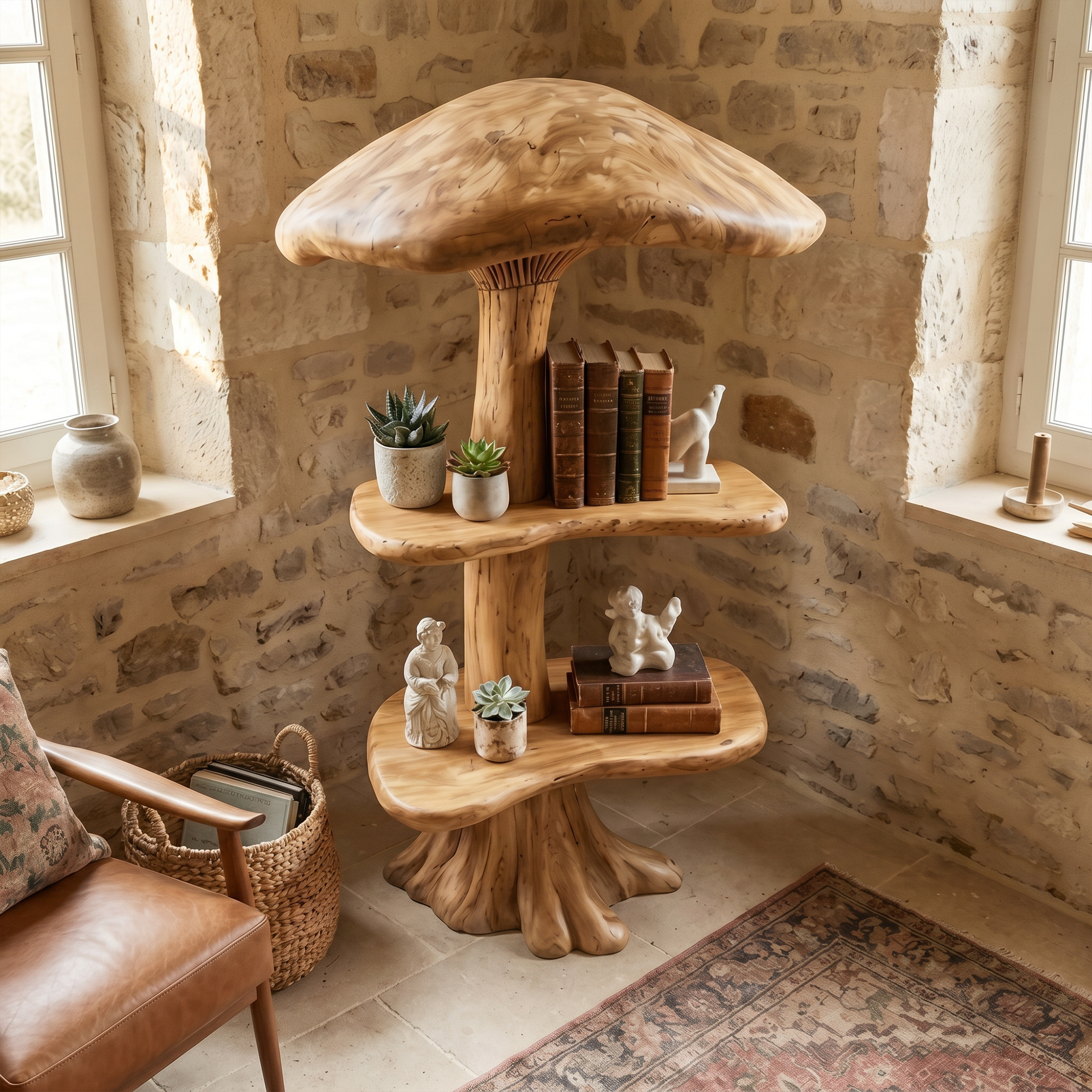 Organic Mushroom Display Bookshelf With Solid Wood Shelving For Living Room