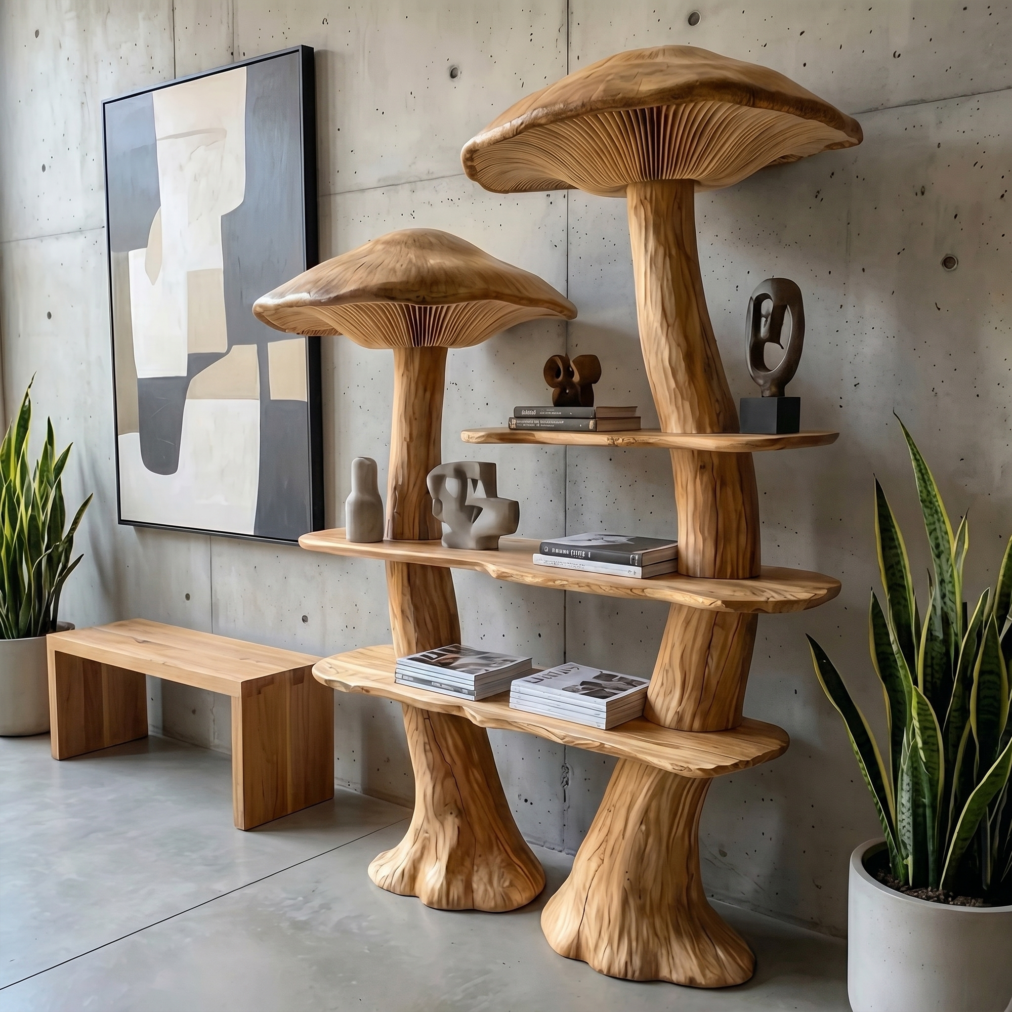 Rustic Mushroom Bookshelf With Tree Trunk Base And Solid Wood Shelves For Living Room