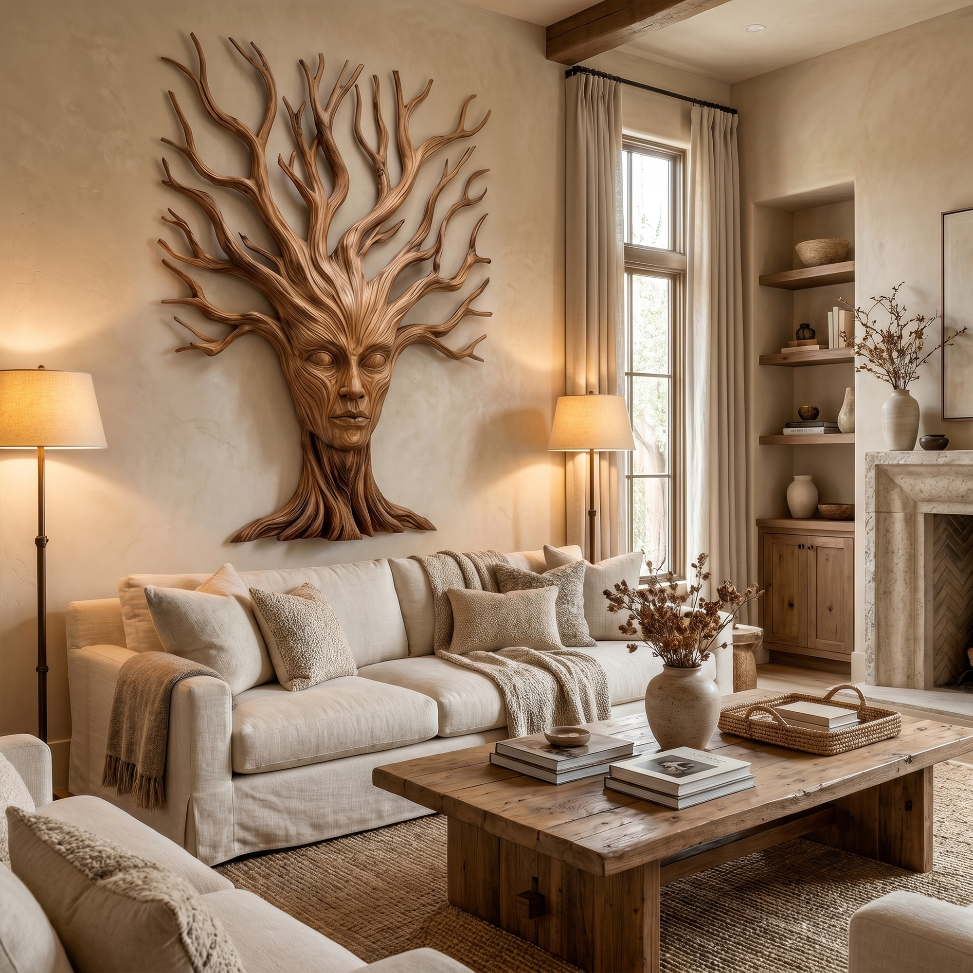 Mystical Tree Spirit Wooden Wall Art With Sculptural Face Design For Entryway And Living Room