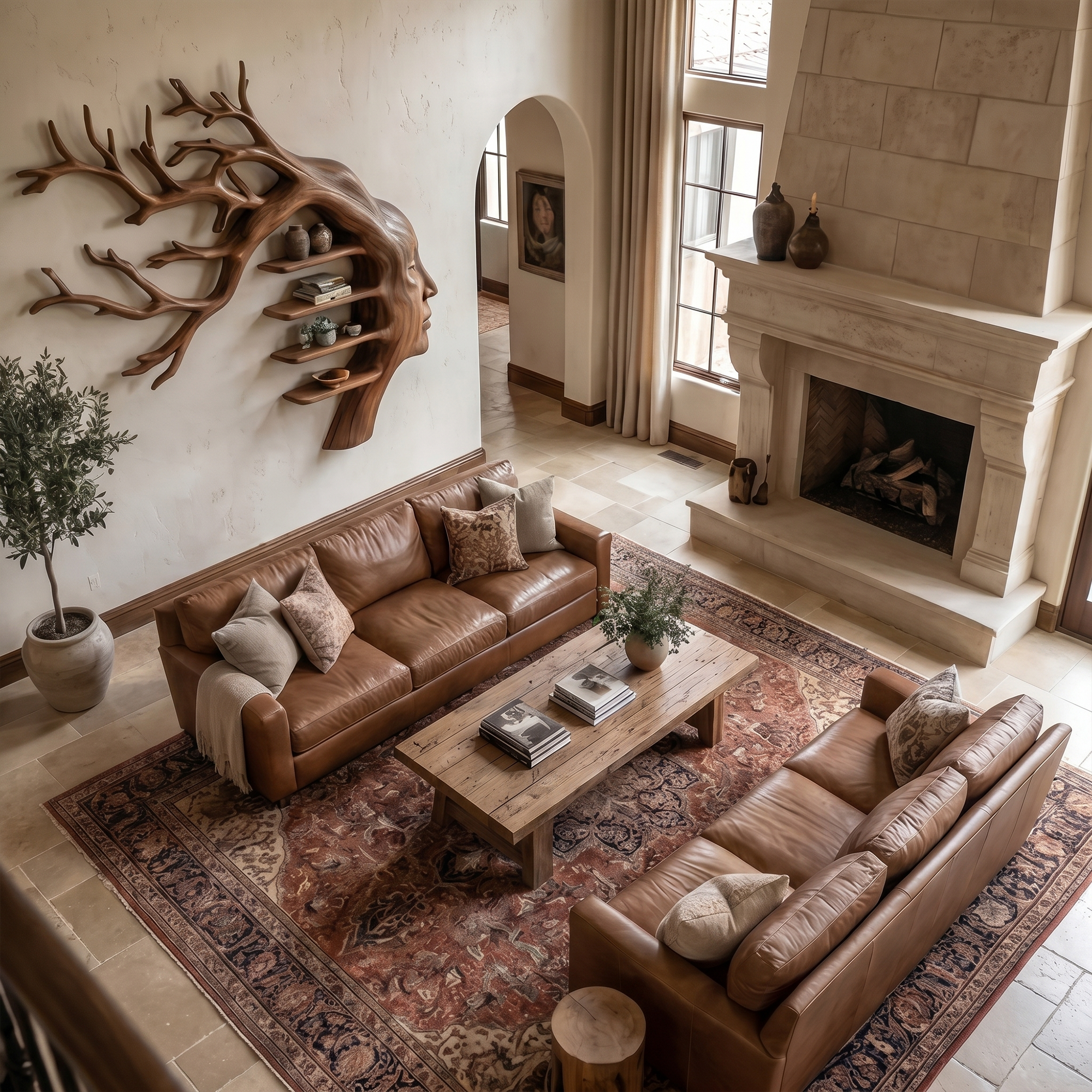 Rustic Tree Branch Wooden Wall Art With Floating Shelves For Living Room And Entryway