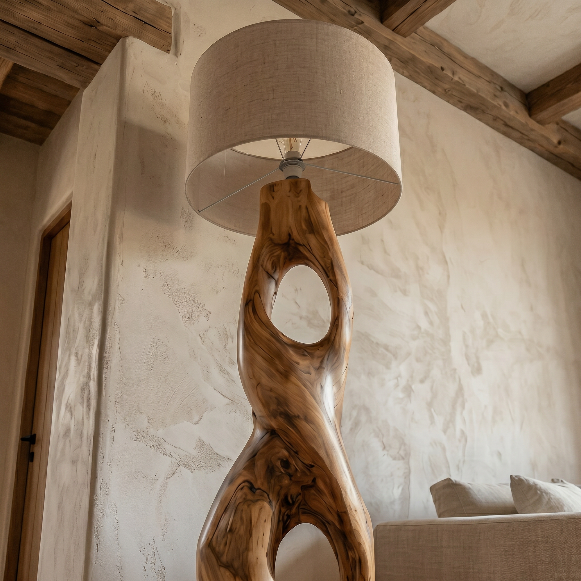 Rustic Floor Lamp With Handcrafted Hollow Wood Sculpture Base For Living Room