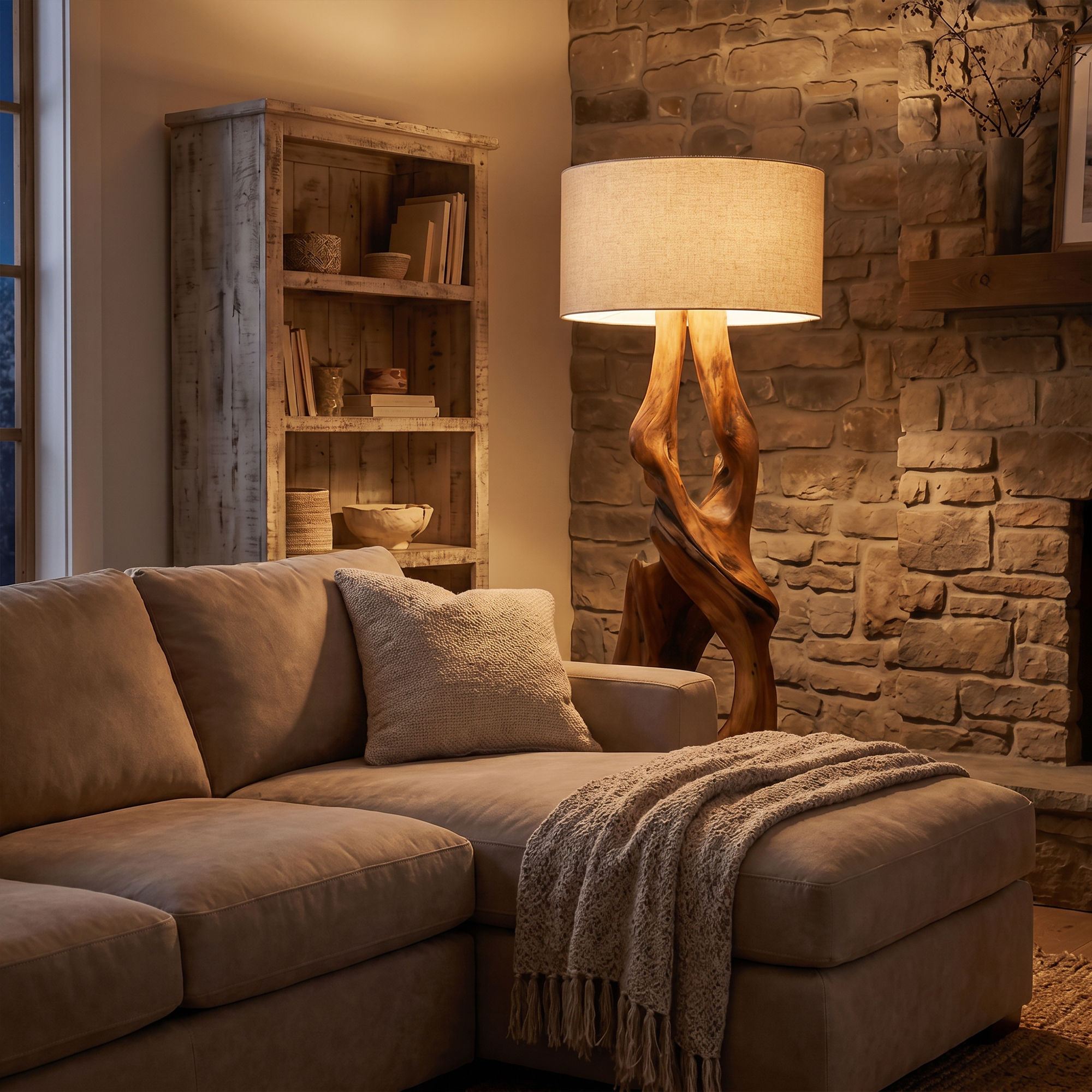 Contemporary Organic Floor Lamp With Artistic Hollow Wood Structure For Living Room