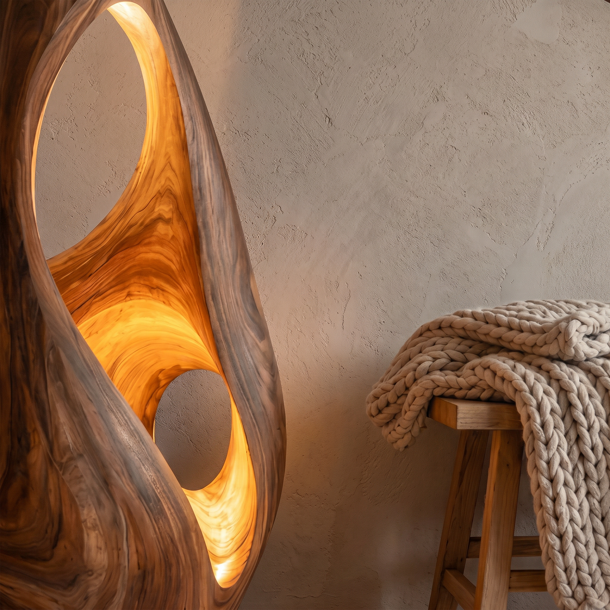 Nature Inspired Floor Lamp With Sculptural Solid Wood Form For Living Room