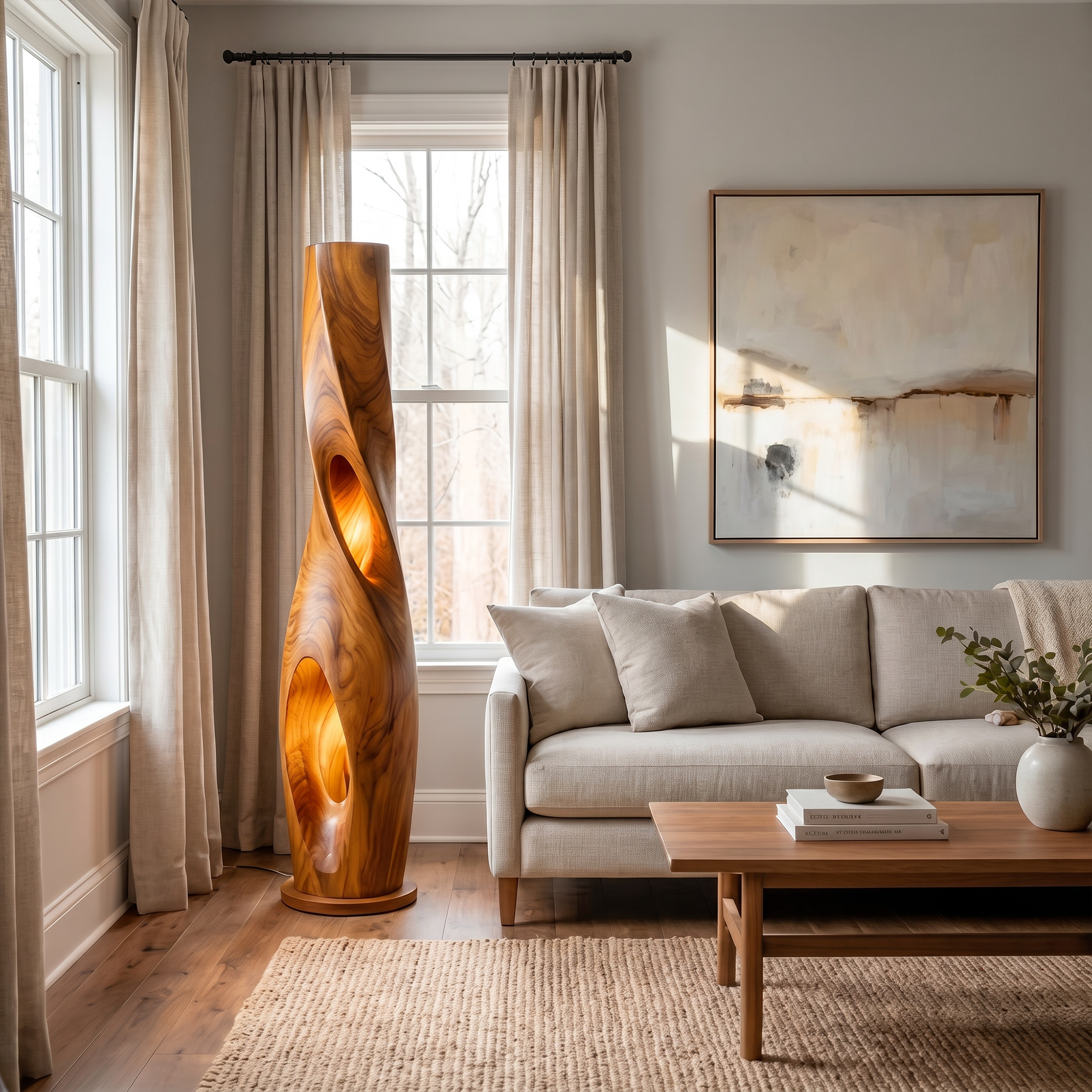 Modern Sculptural Floor Lamp With Hollow Solid Wood Design For Living Room