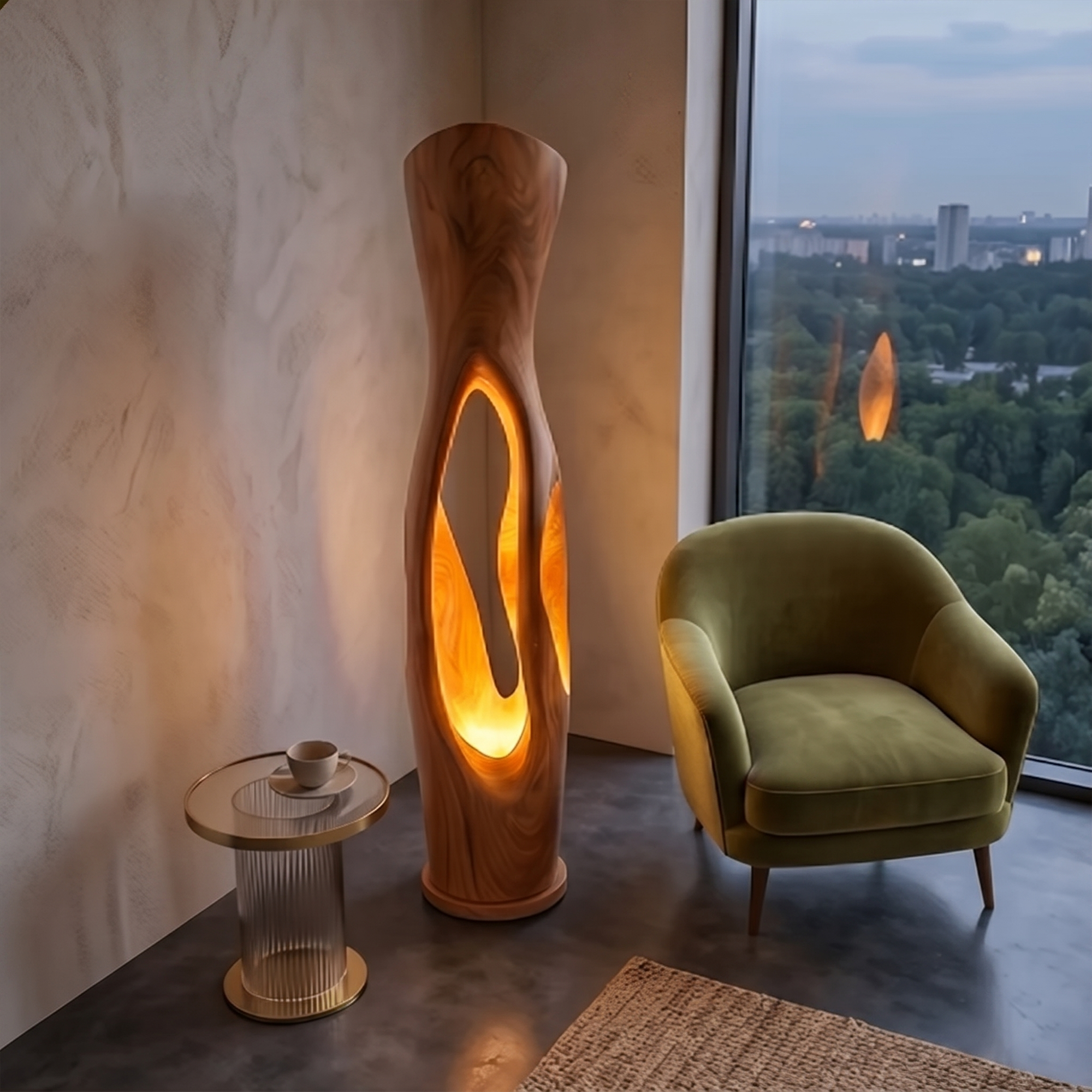 Modern Organic Floor Lamp With Illuminated Hollow Wood Design For Living Room