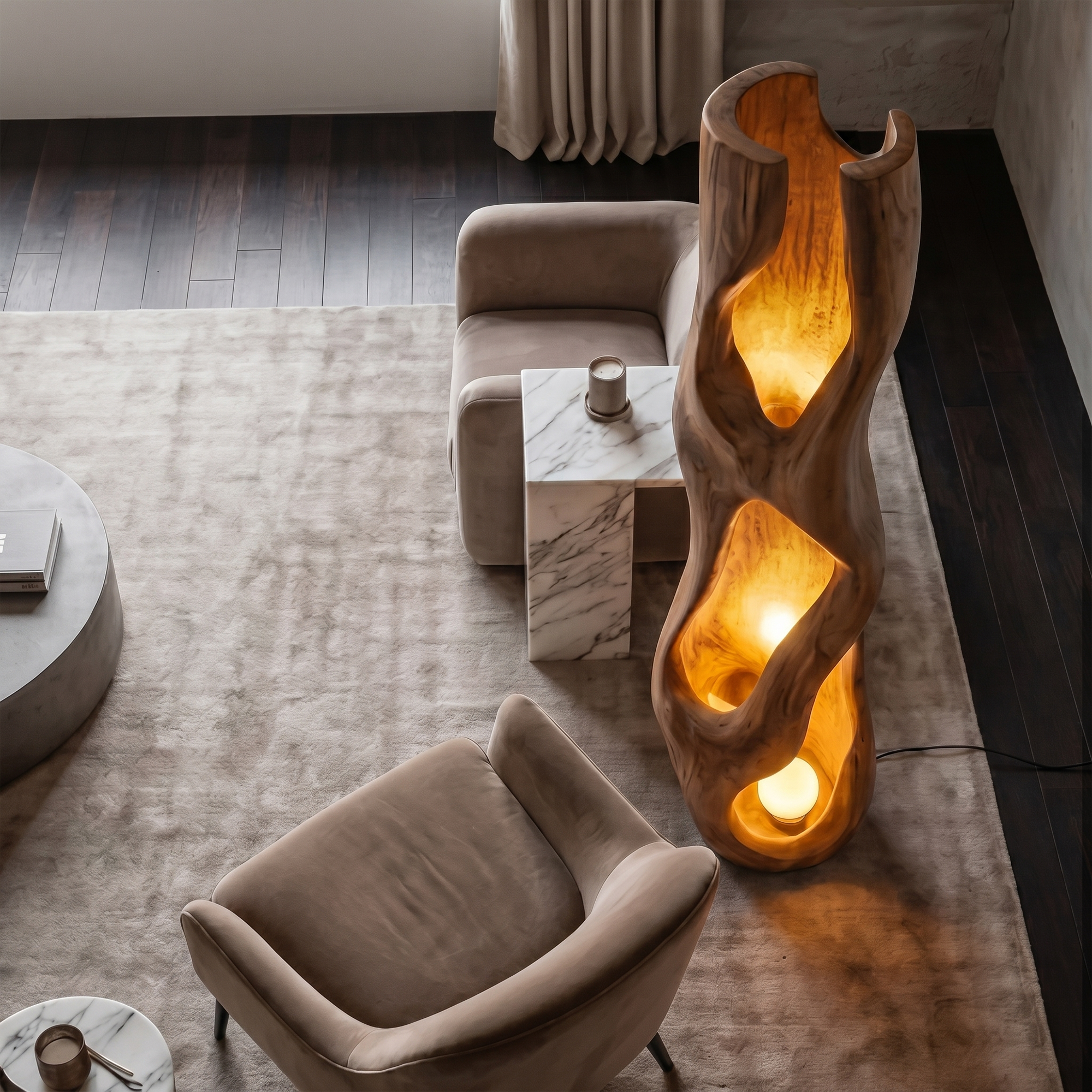 Nature Inspired Floor Lamp Carved Wood Sculpture For Living Room