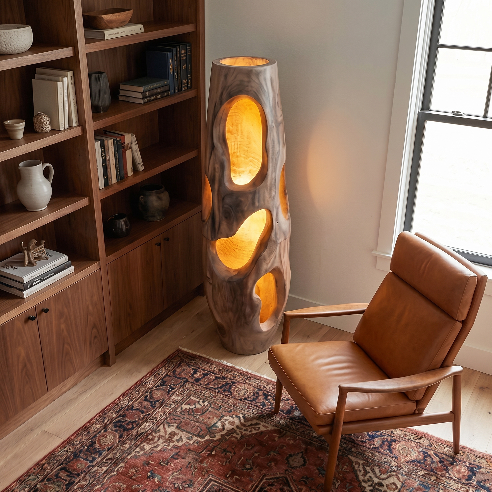 Sculptural Floor Lamp Natural Wood Form For Living Room