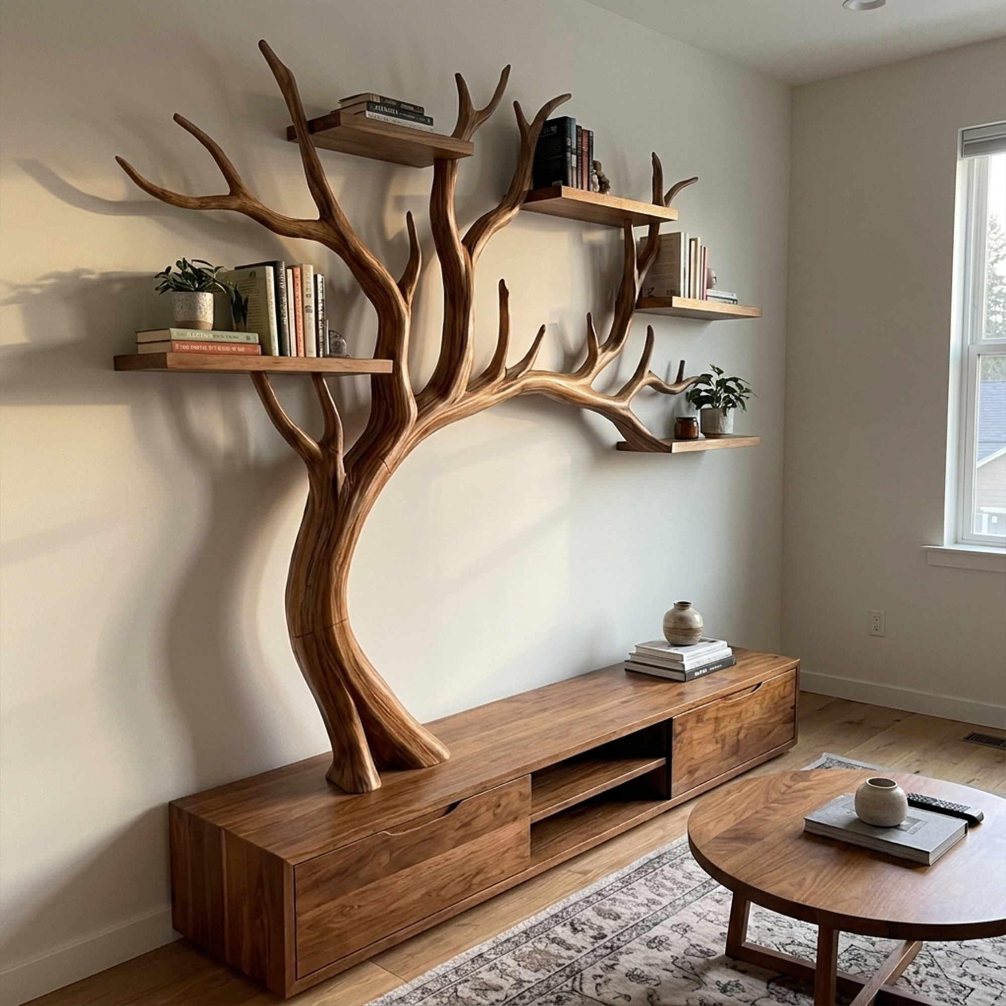 Nature Inspired Tree TV Wall Shelf For Living Room Media Storage And Decor