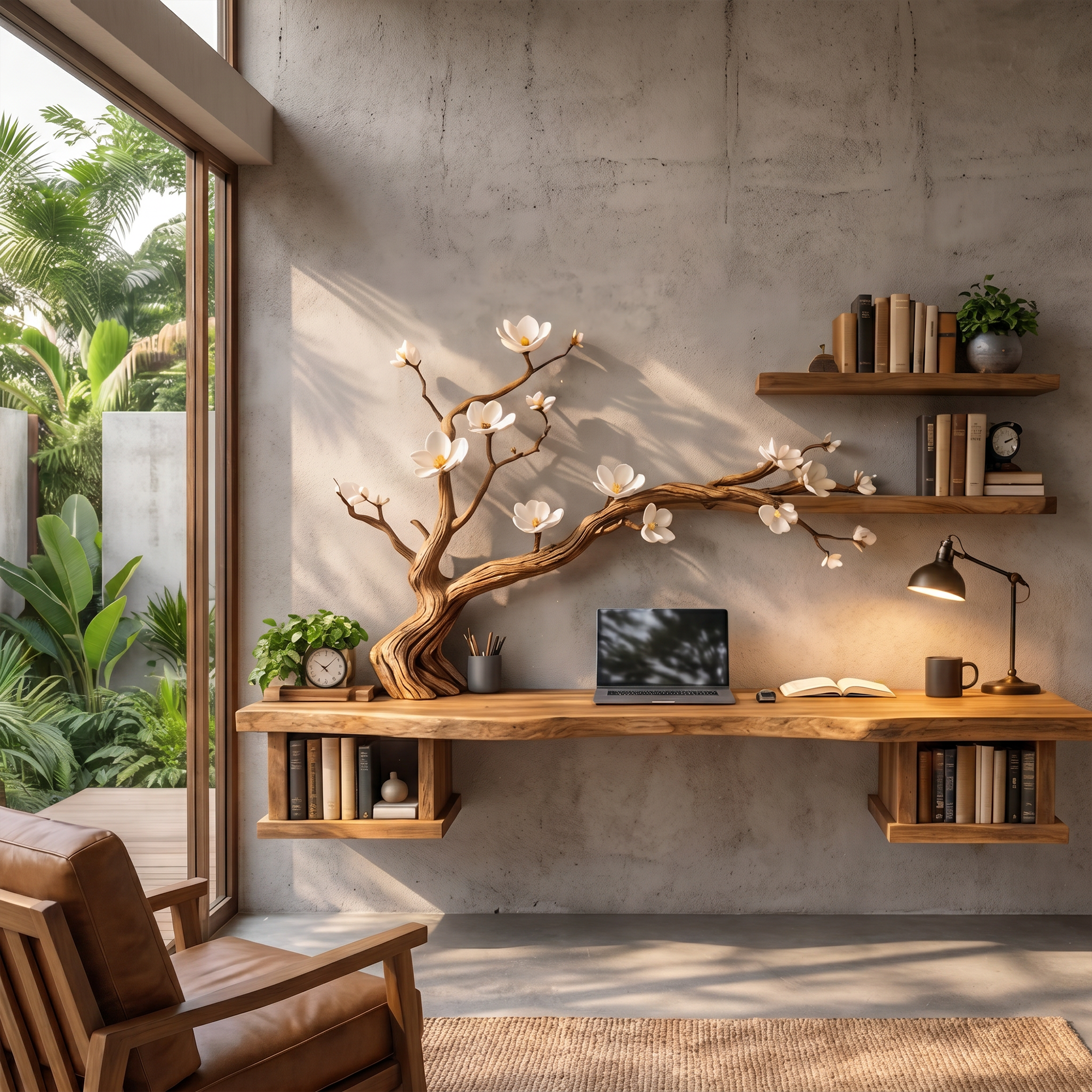 Organic Sculptural Floating Desk With Tree Branch Art For Home Office