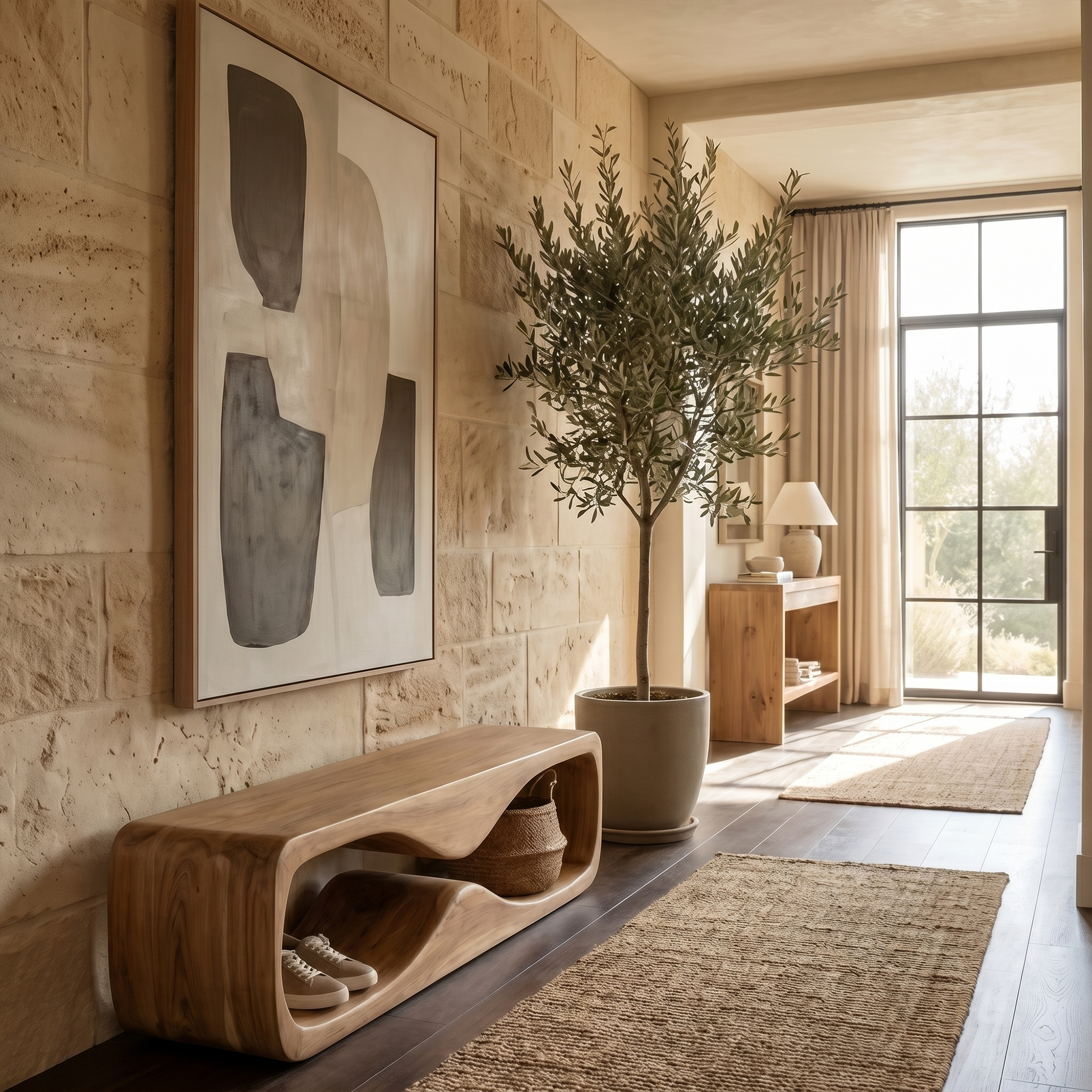Modern Bench With Open Storage Shelf And Curved Wood Design For Entryway