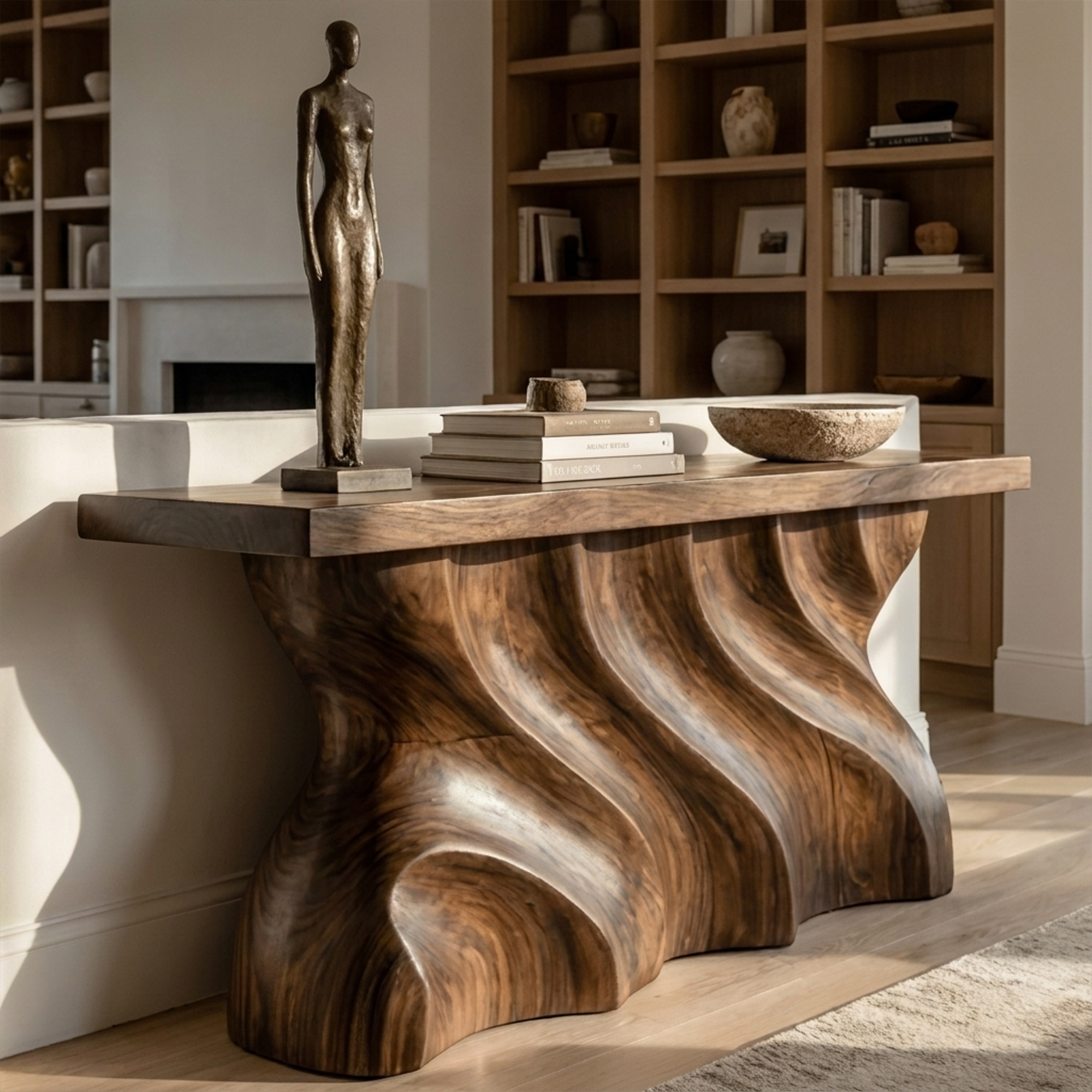 Mid Century Console Table Sculpted Wave Base Entryway Display