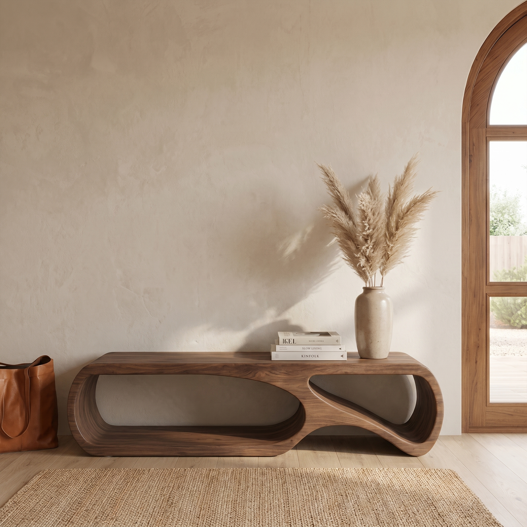 Sculptural Bench With Curved Open Storage Base For Entryway
