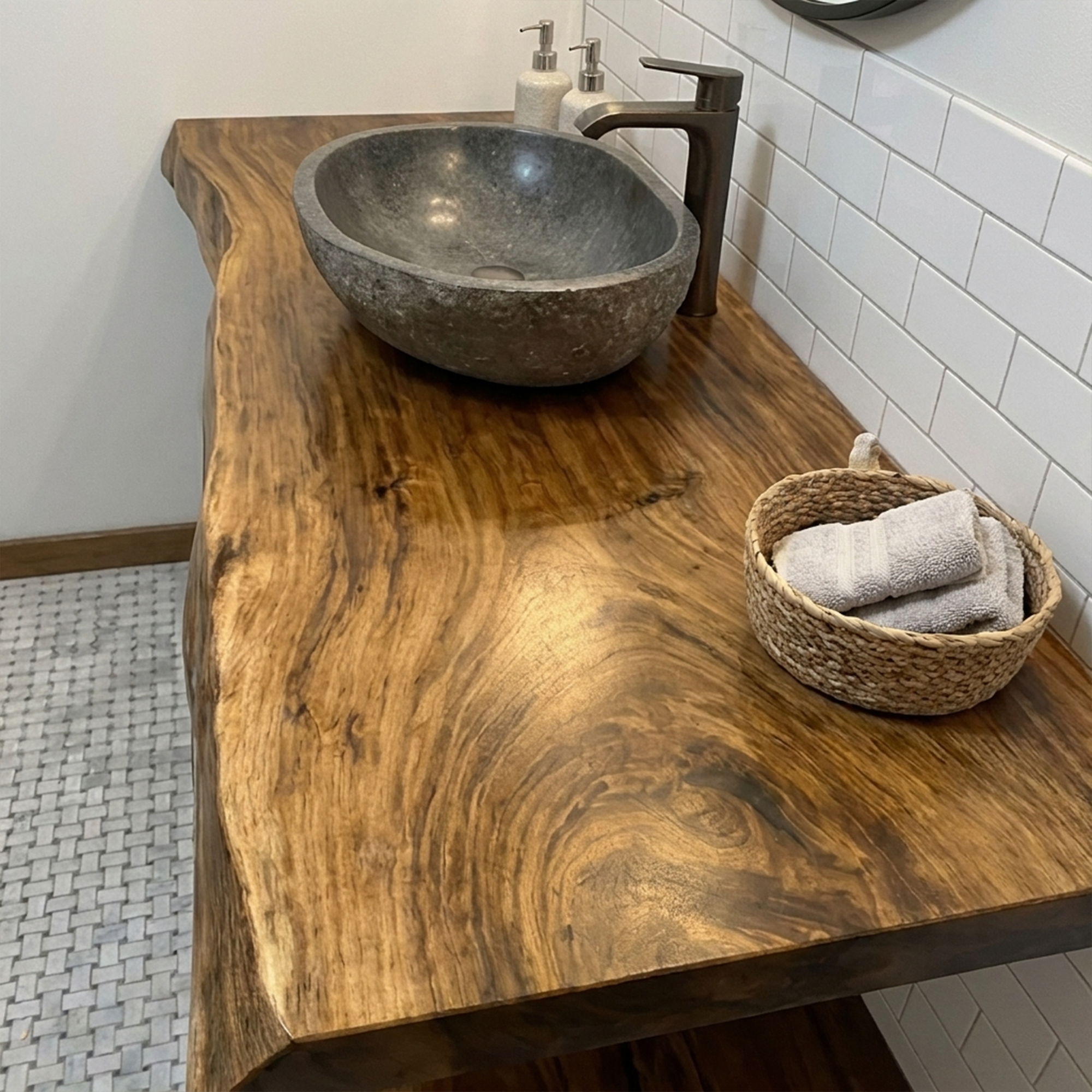 Mid Century Bathroom Vanity Shelf Curved Edge Wood Bathroom Look