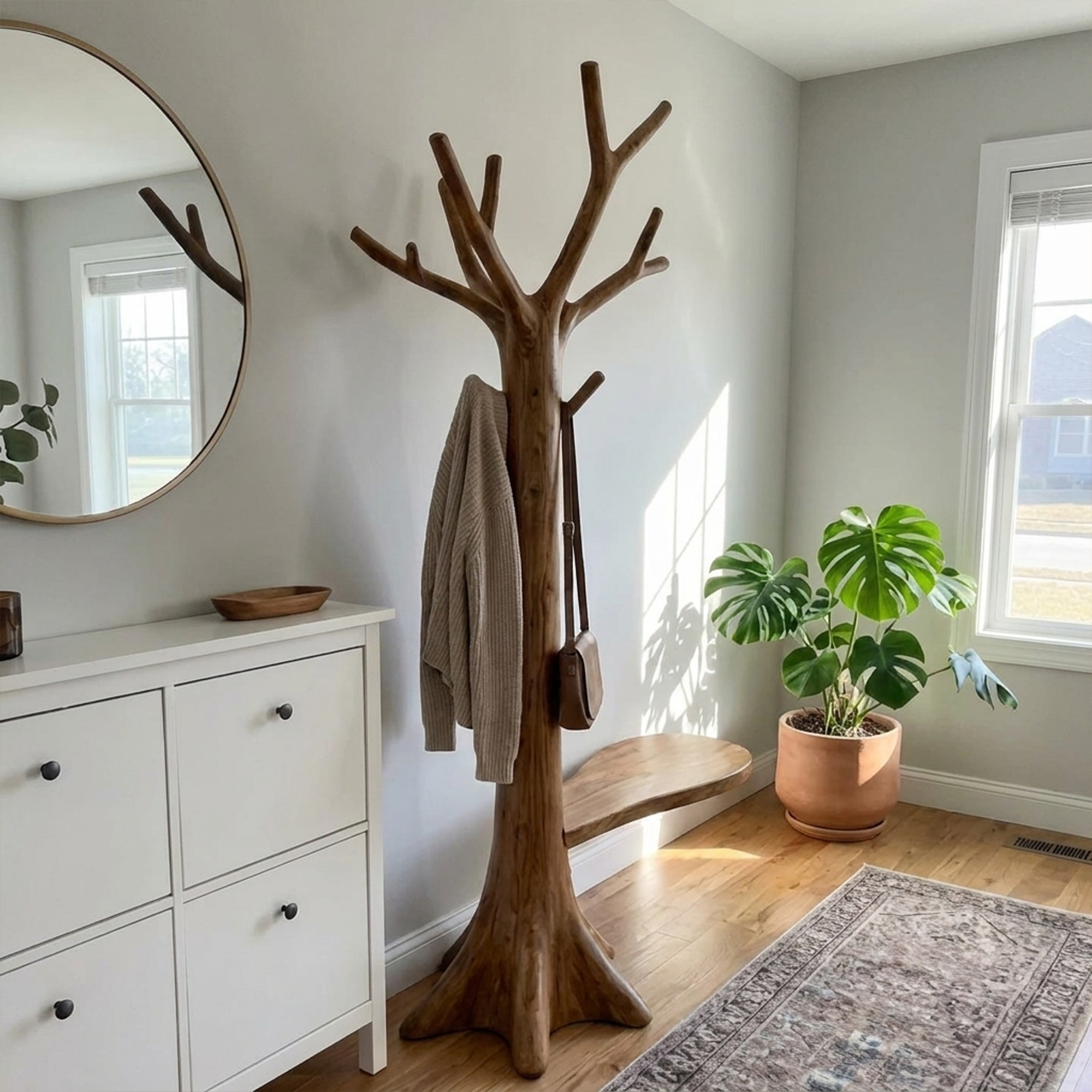 Sculptural Tree Coat Rack Solid Wood Entryway Interior Statement Decor