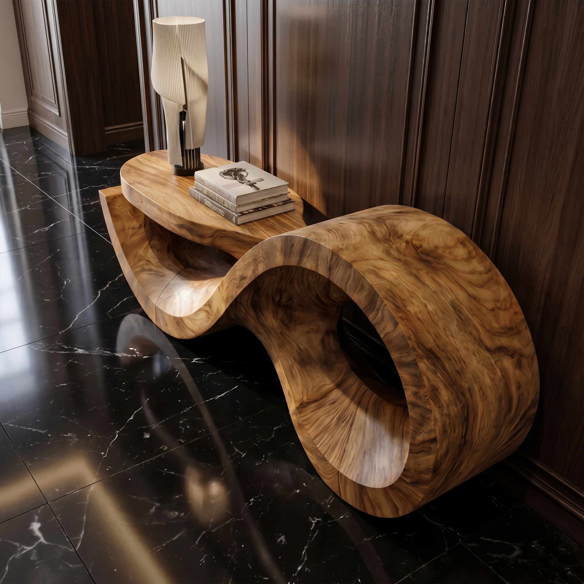 Contemporary Console Table With Sculptural Wave Wood Base And Solid Wood Top For Living Room
