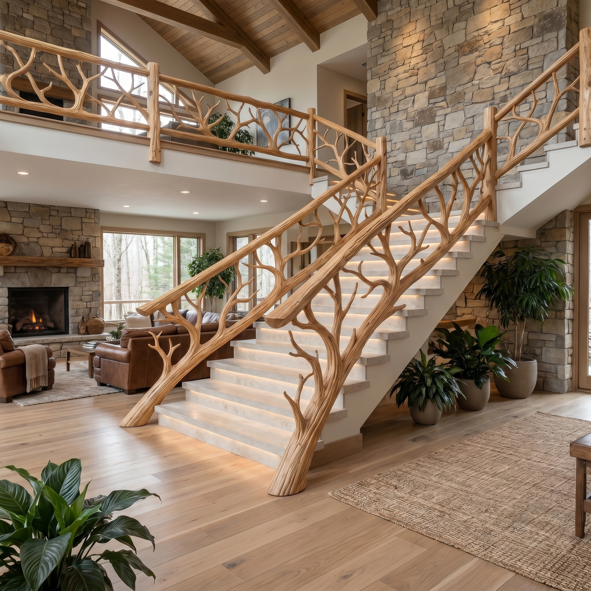 Rustic Tree Branch Stair Railing With Organic Wood Design For Interior Staircase
