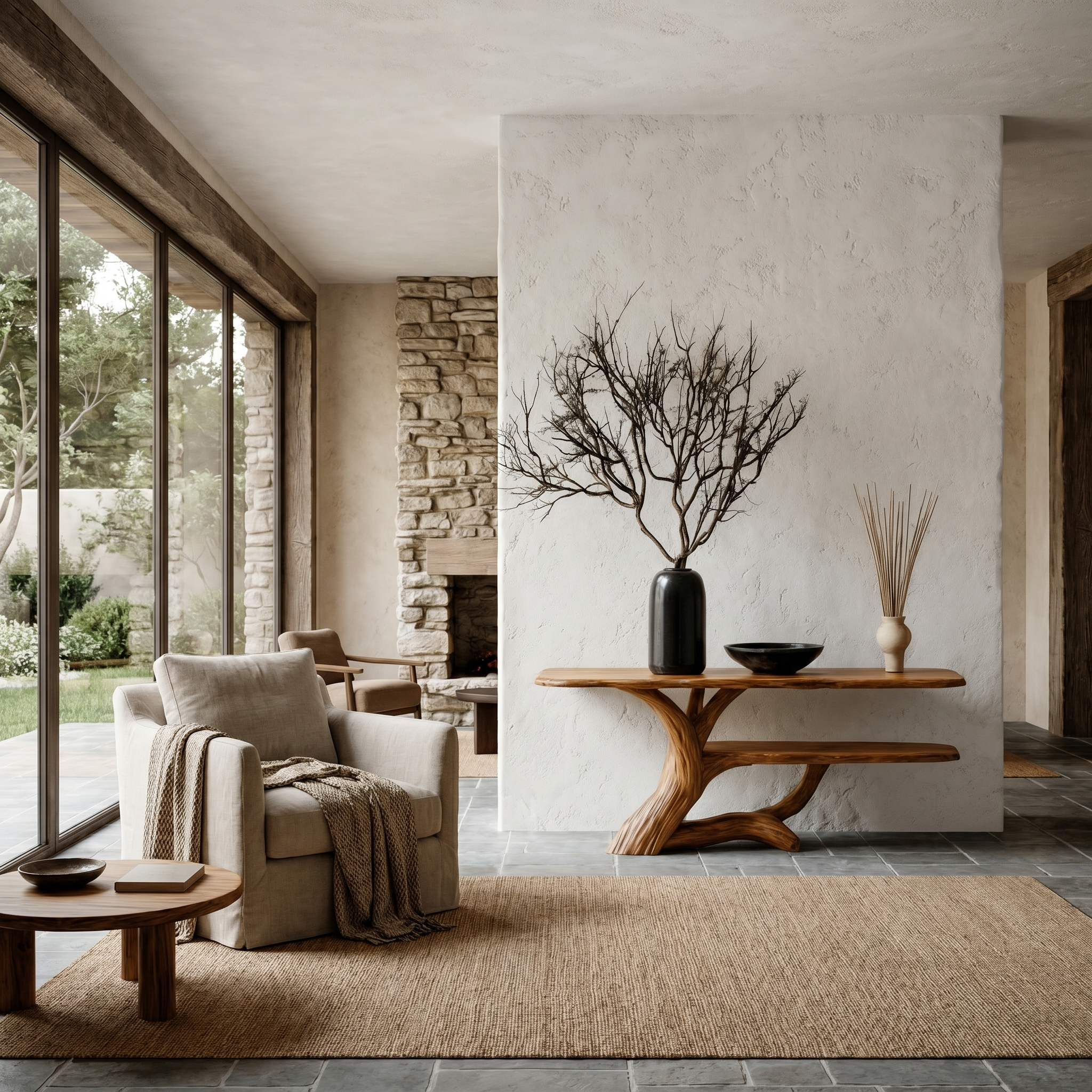 Nature Inspired Console Table With Open Shelf Storage For Living Room