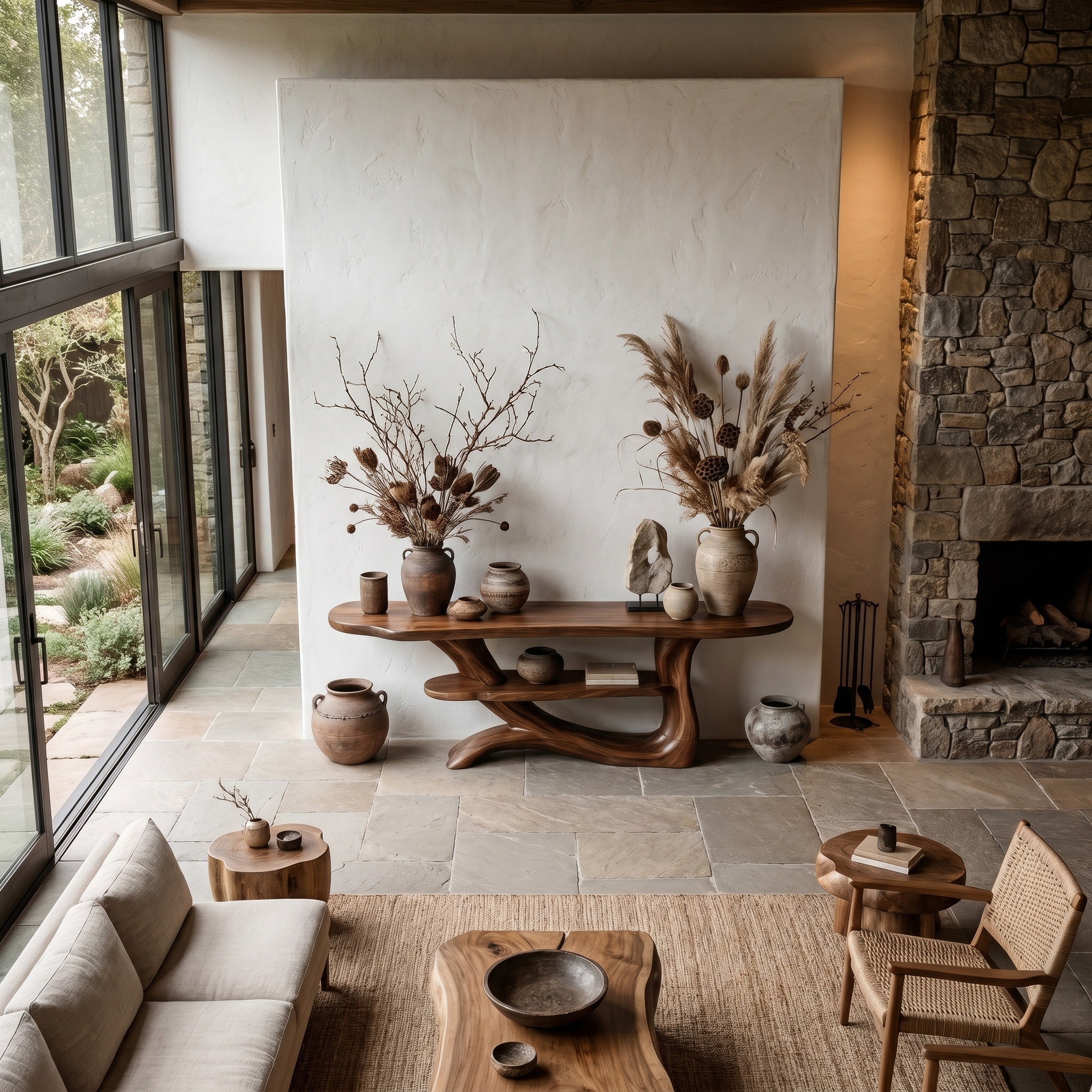 Rustic Console Table With Tree Inspired Solid Wood Base And Display Shelf