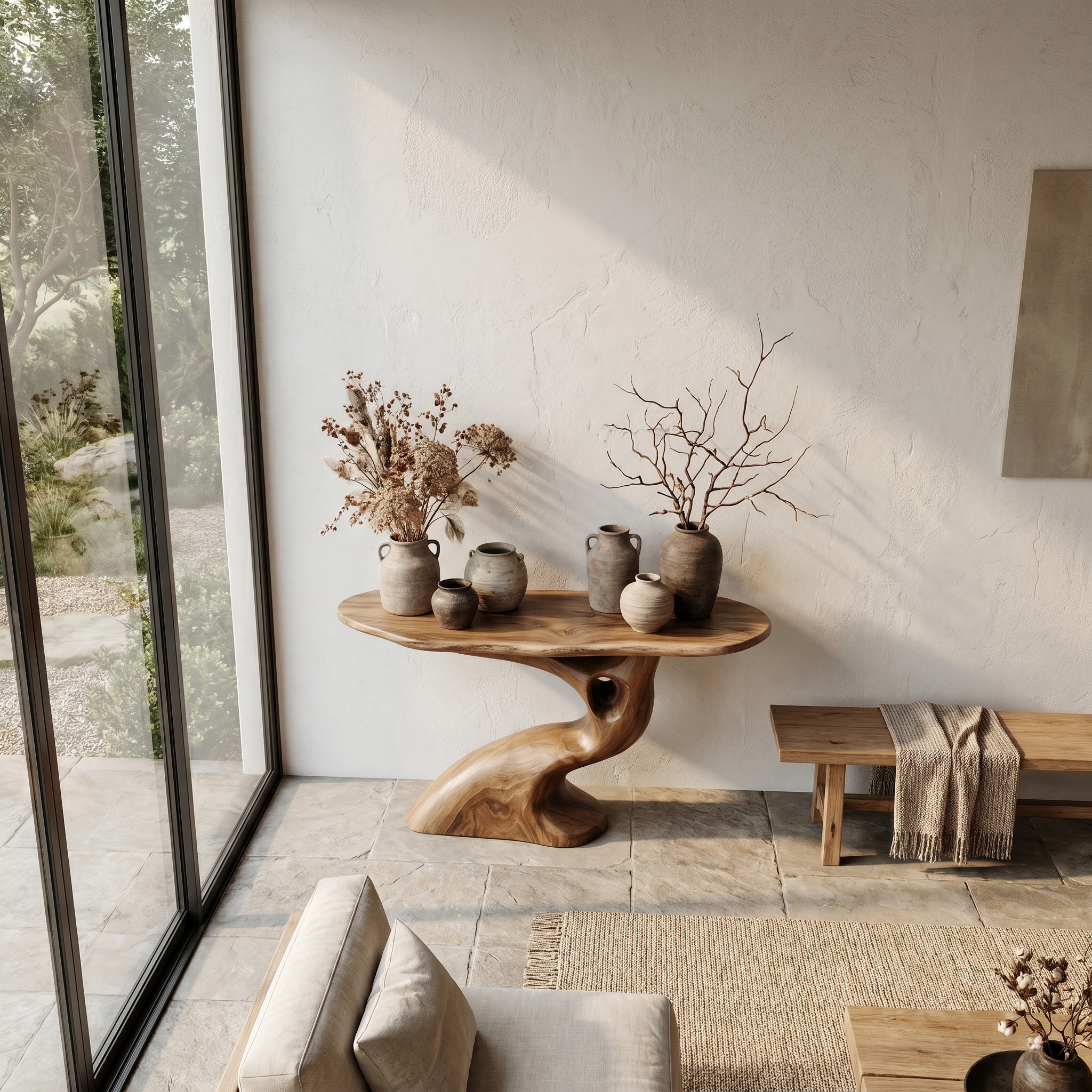 Tree Inspired Console Table With Sculptural Wood Structure For Hallway