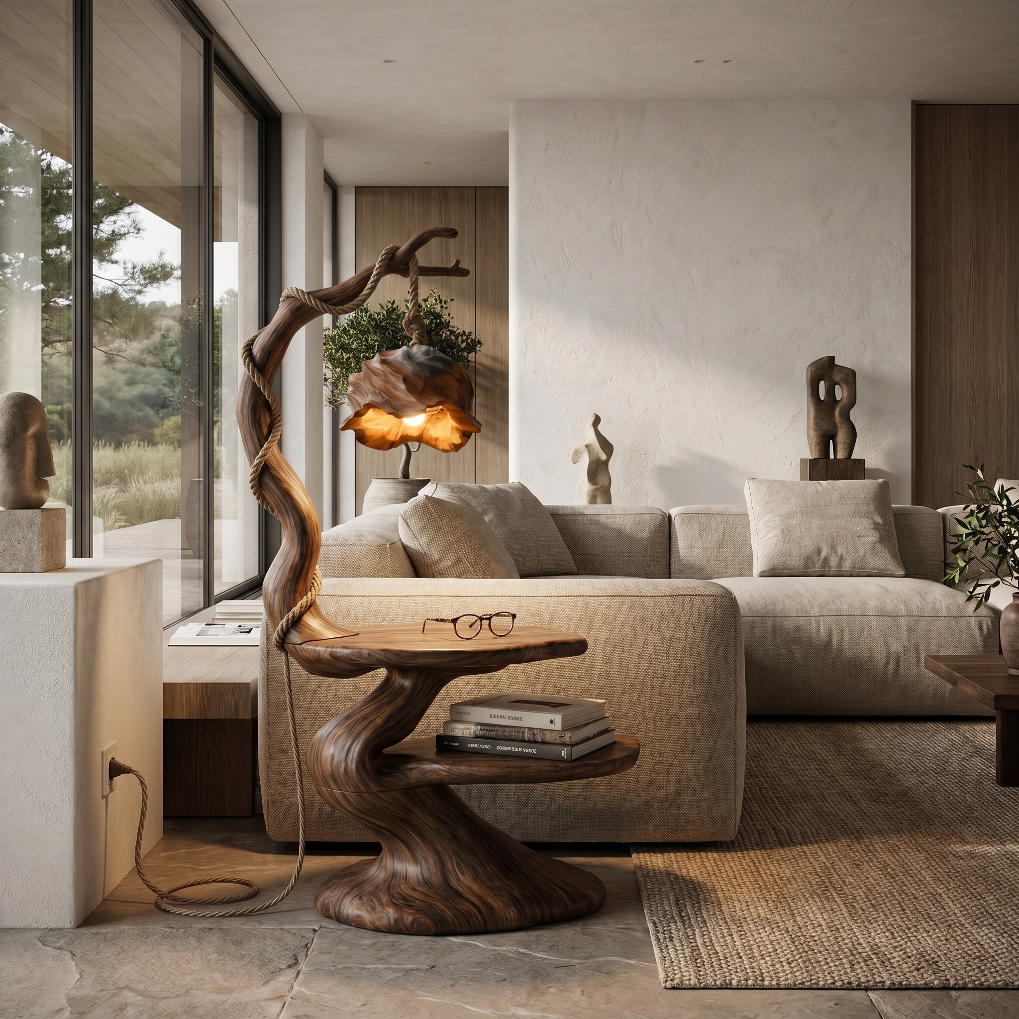 Rustic Beside Table With Tree Root Design And Hanging Lamp For Living Room