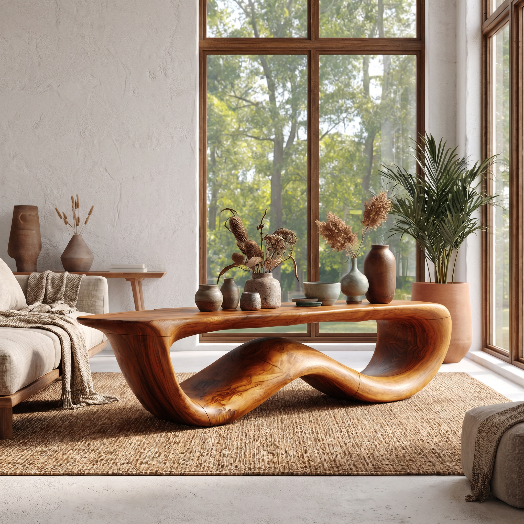 Contemporary Coffee Table With Flowing Solid Wood Silhouette For Living Room
