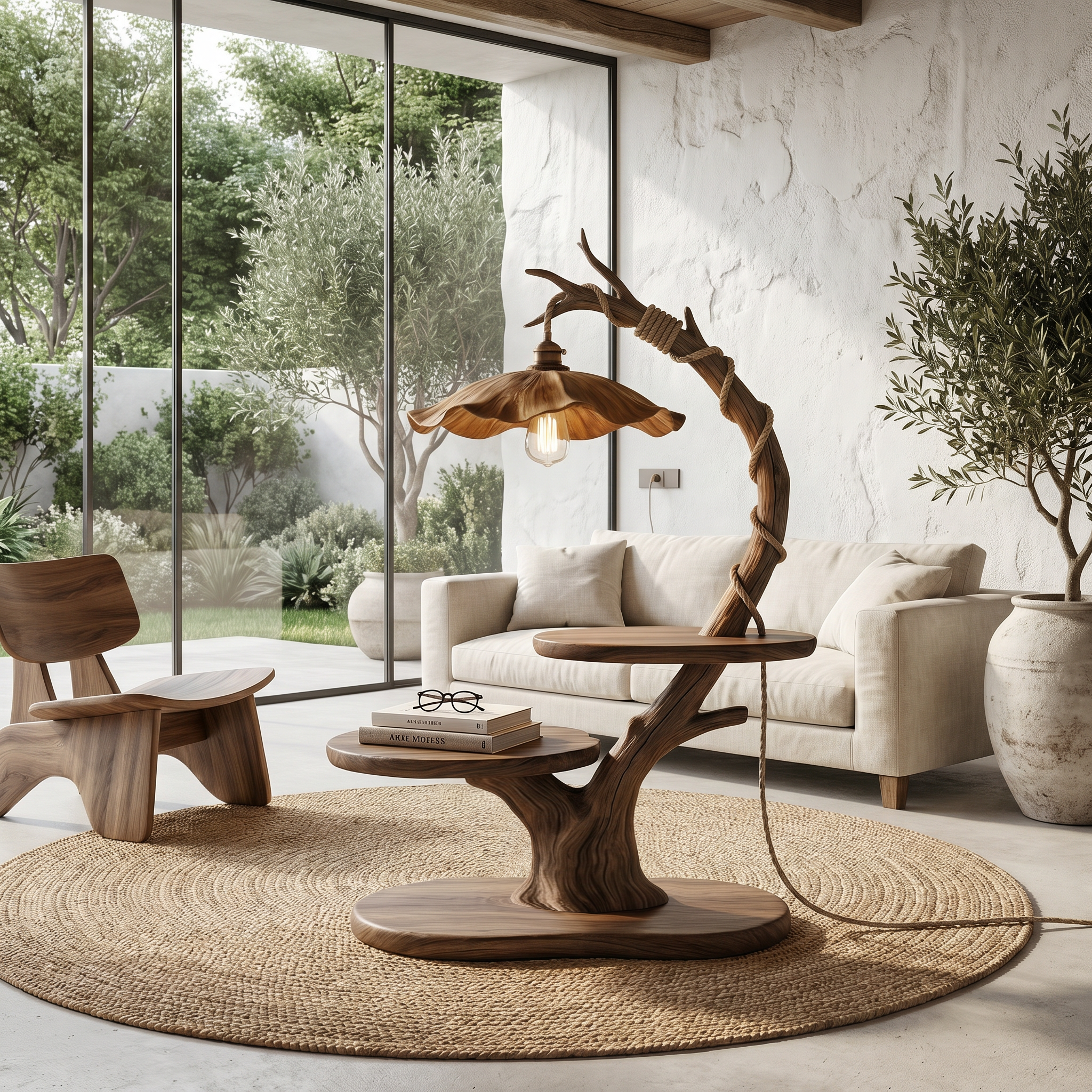 Sculptural Beside Table With Tree Branch Lamp And Open Storage Shelves For Living Room