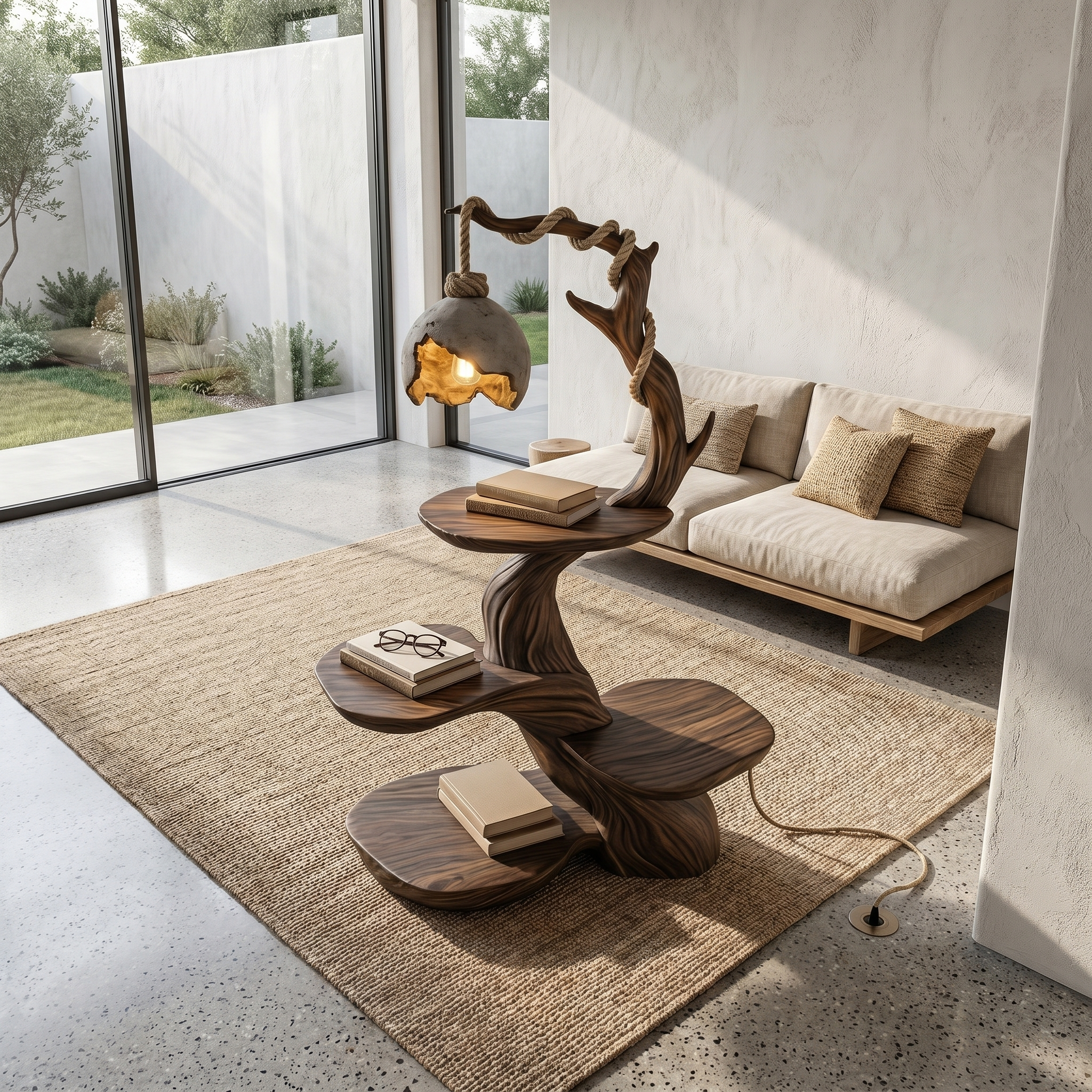 Nature Inspired Beside Table With Sculptural Tree Form And Ambient Lamp For Living Room