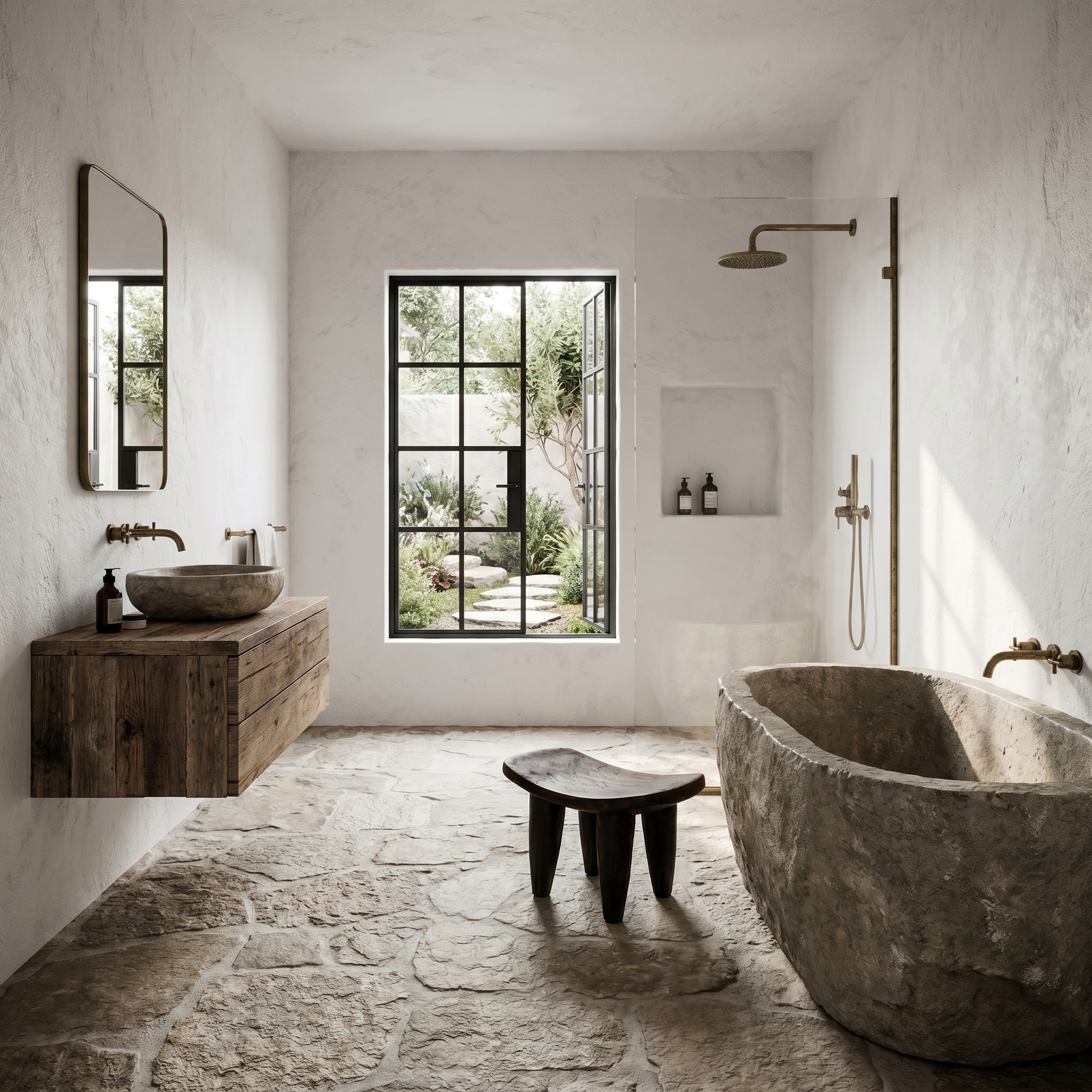 Rustic Wooden Stool With Artistic Solid Wood Form For Bathroom