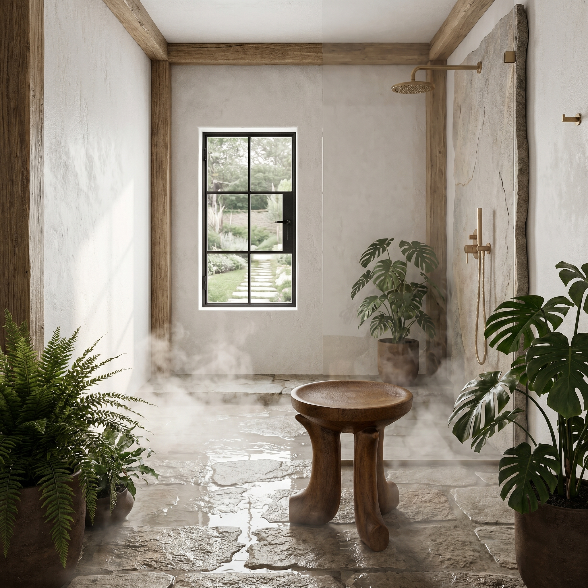 Rustic Bath Stool With Chunky Solid Wood Legs For Bathroom