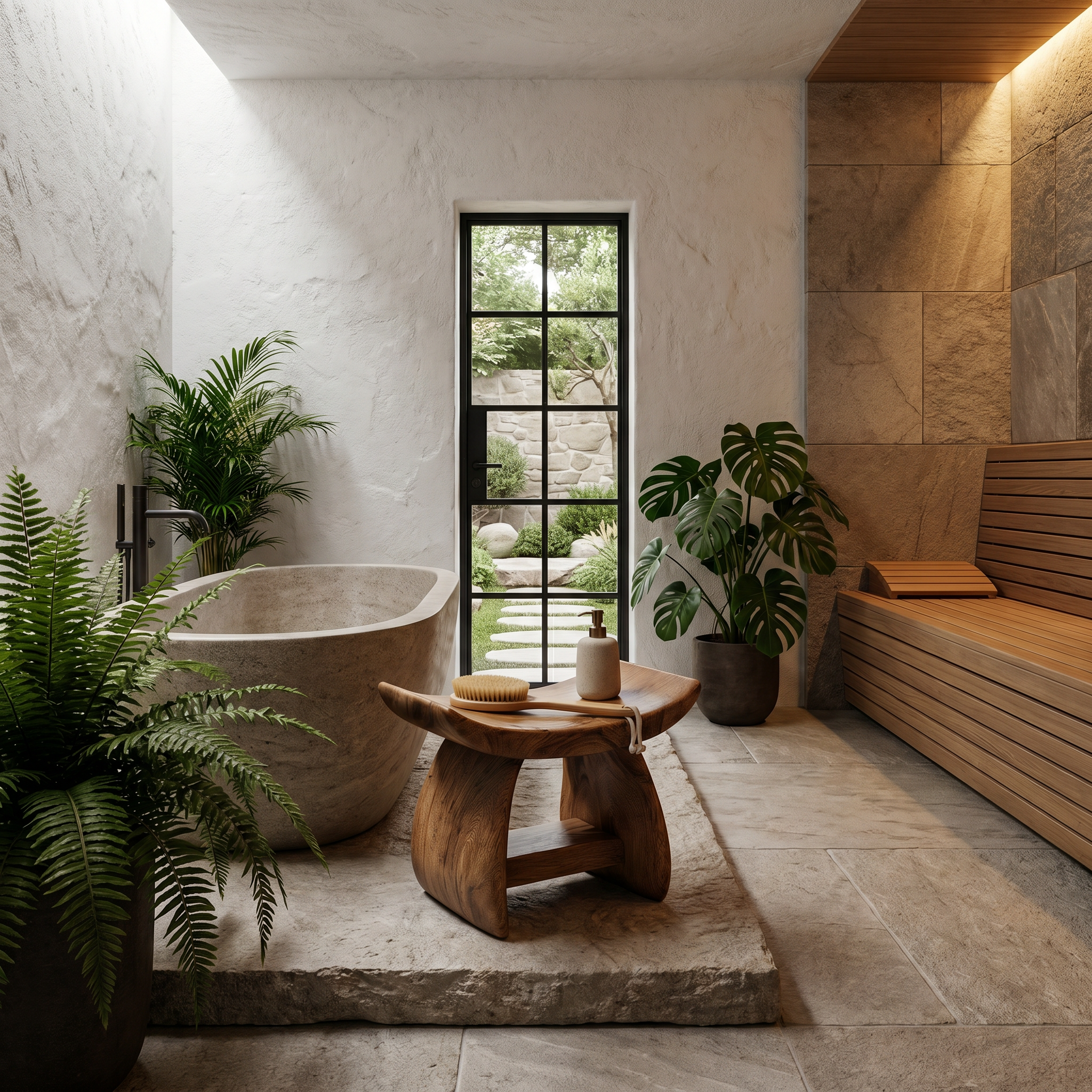 Nature Inspired Bathroom Stool With Sculptural Wood Design For Bathroom