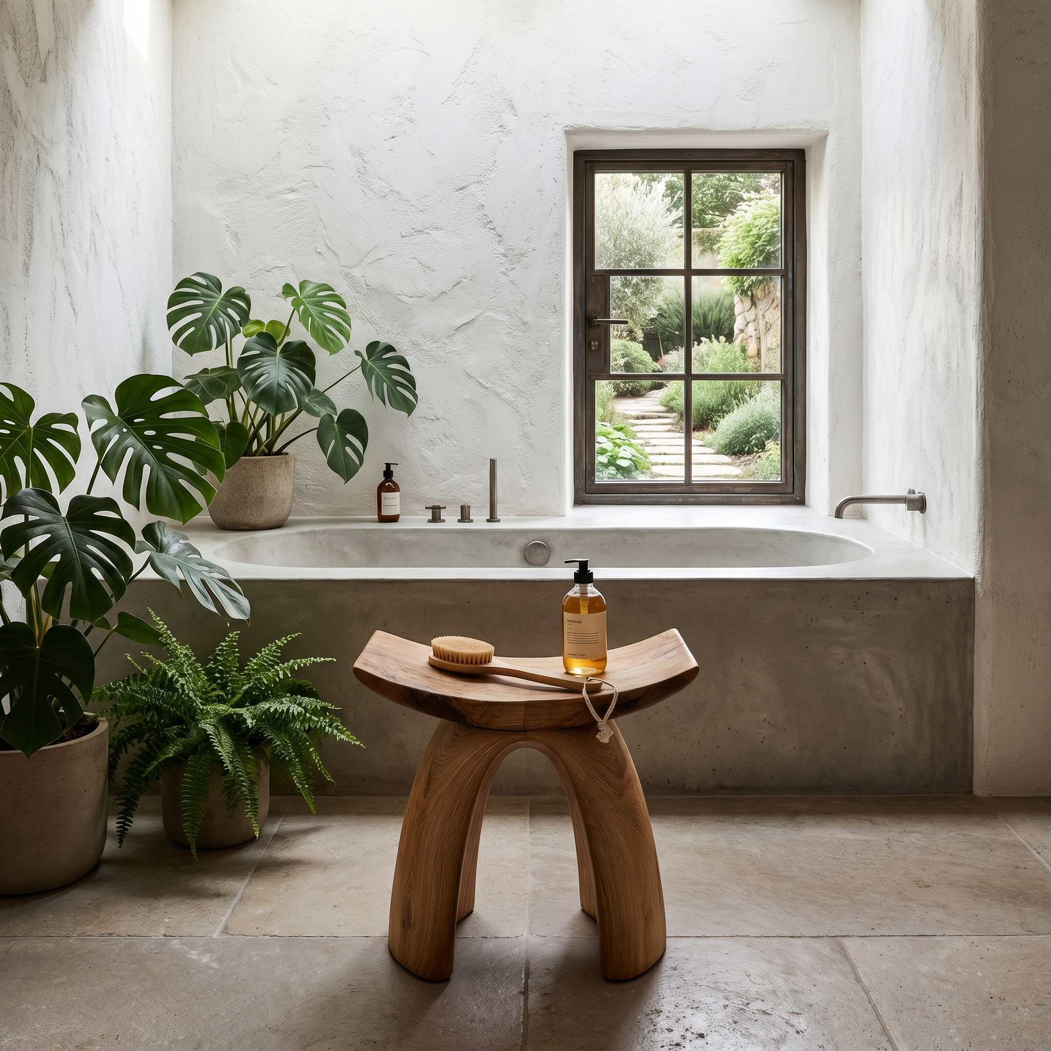 Organic Modern Shower Stool With Sculptural Wood Base For Bathroom