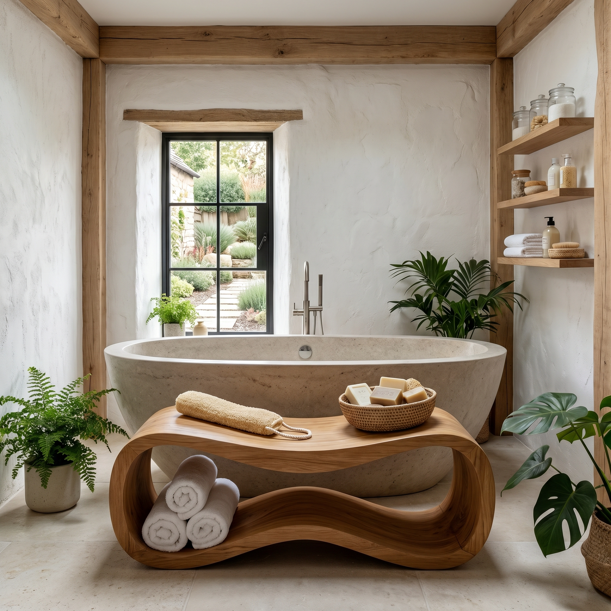 Sculptural Wooden Shower Bench For Bathroom
