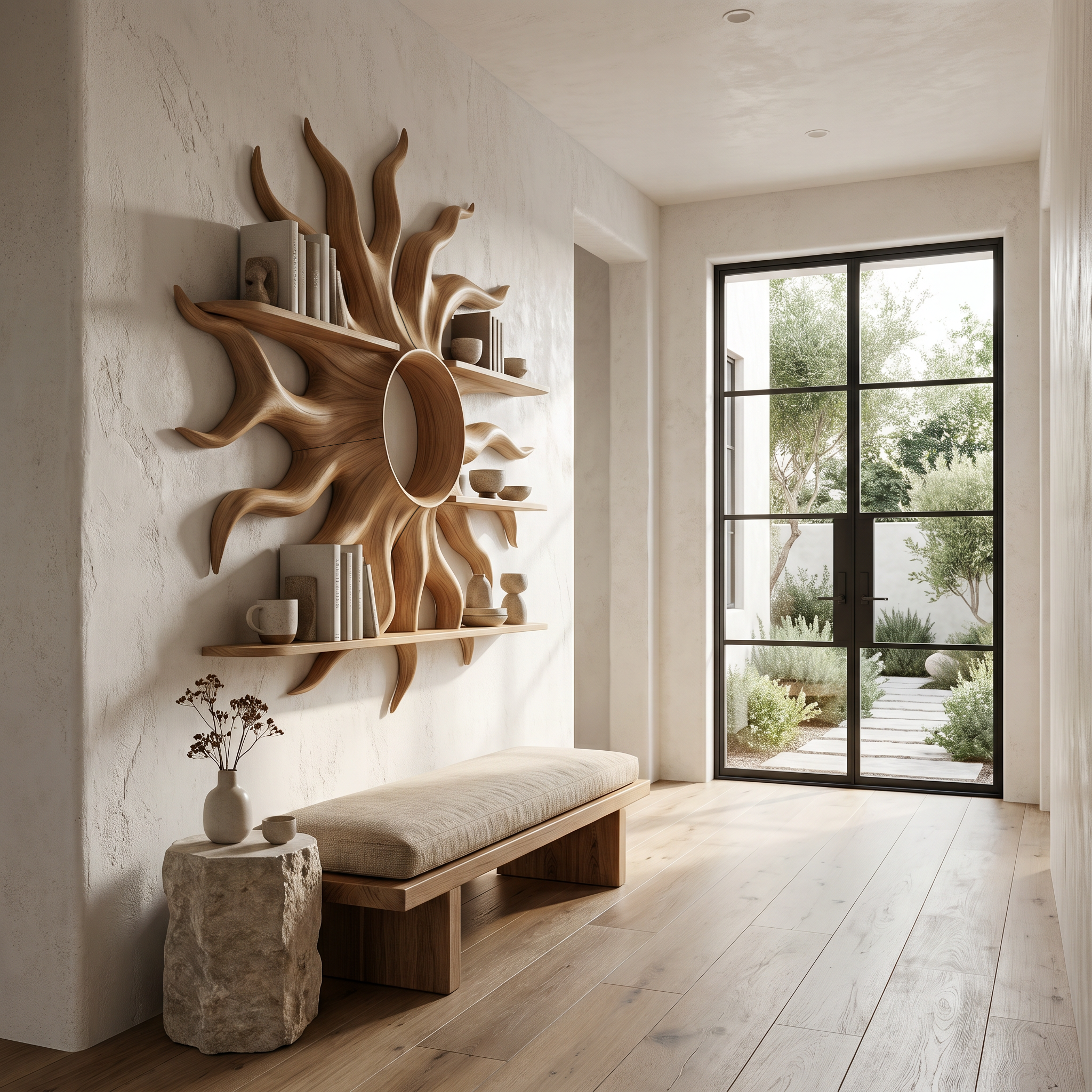 Sculptural Sun Wall Shelf With Floating Shelf For Home Decor