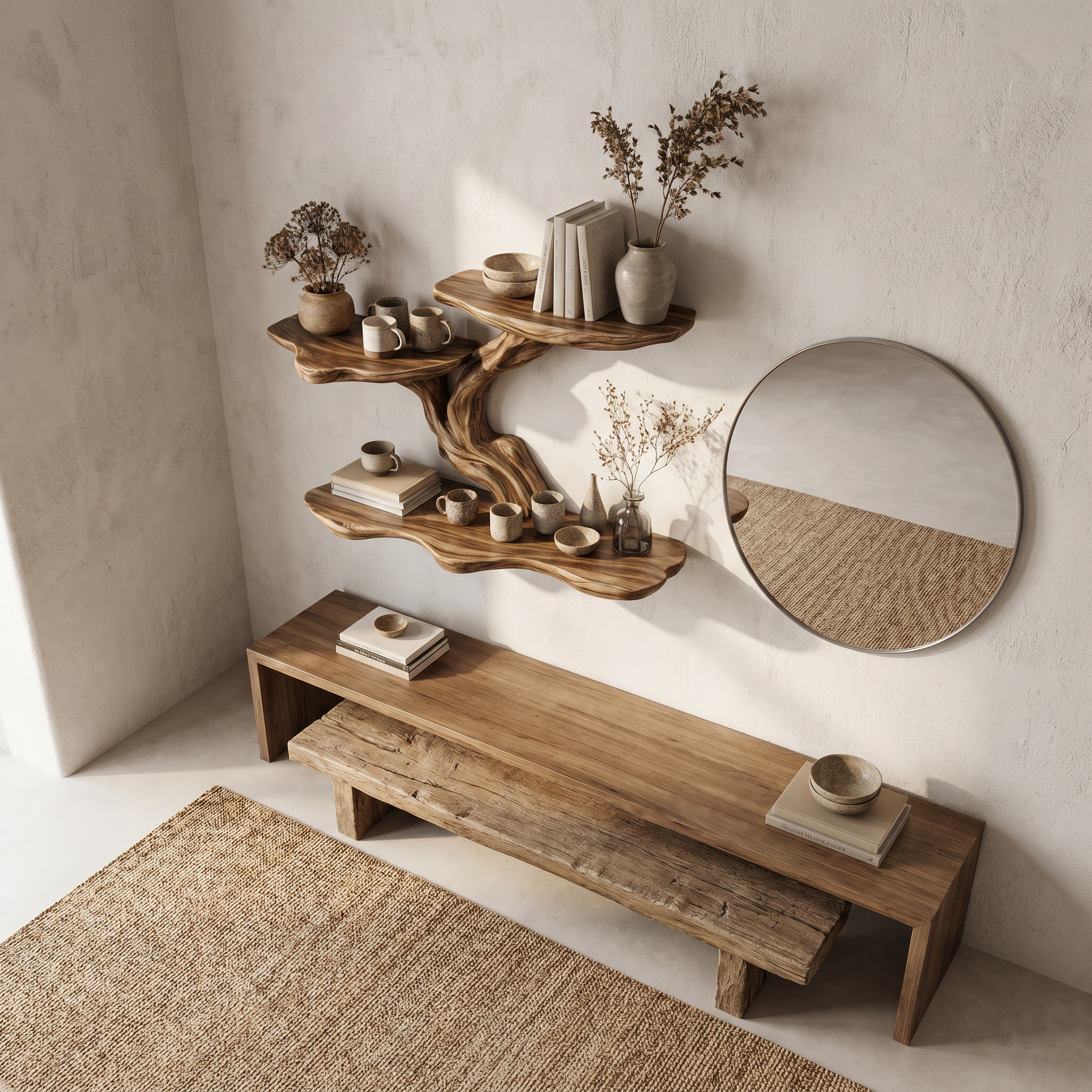 Organic Tree Branch Floating Shelf With Sculptural Wall Storage For Living Room