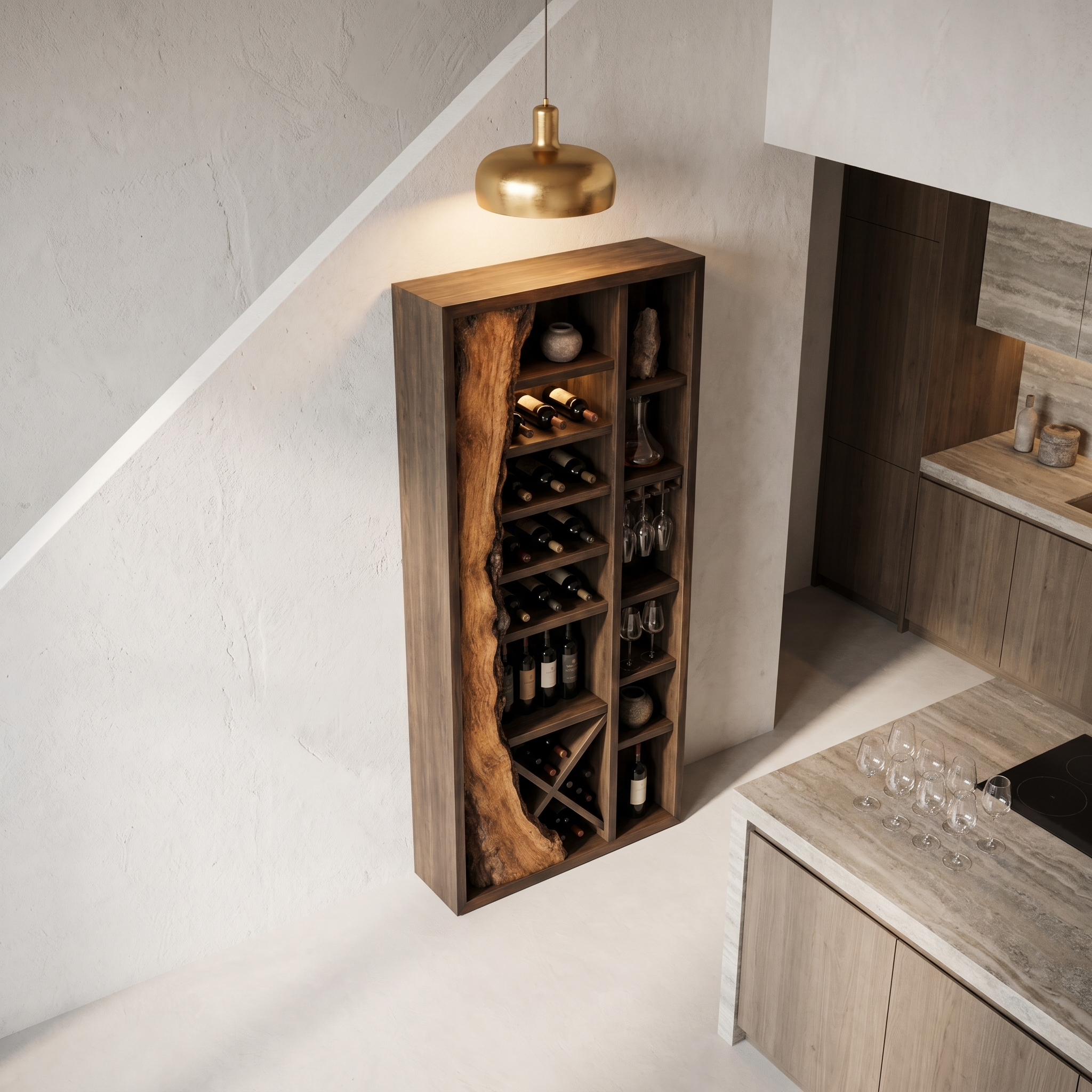 Rustic Wine Cabinet With Live Edge Wood Inlay And Built In Bottle Storage For Dining Room