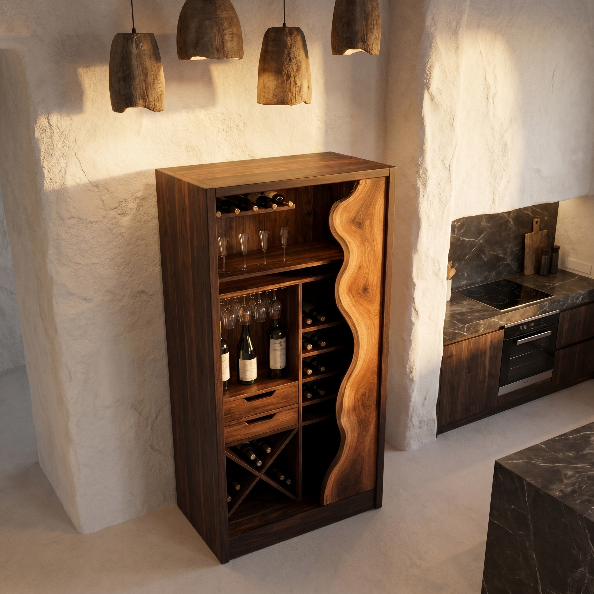 Farmhouse Wine Cabinet With Built In Bottle Storage And Display Niches