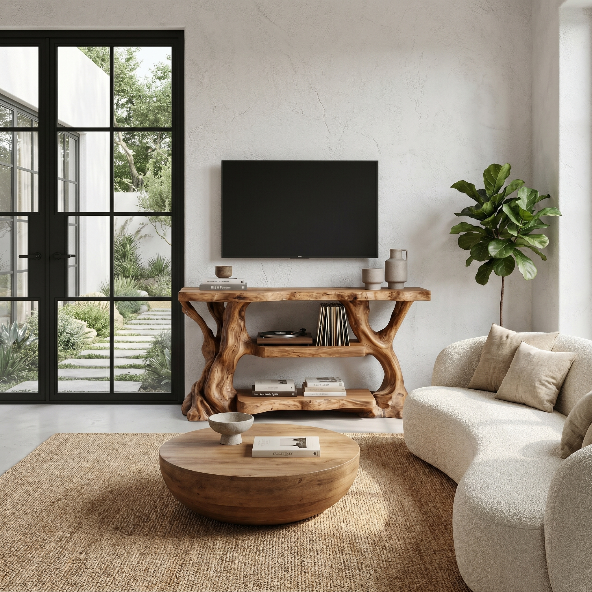Rustic TV Stand With Natural Wood Sculptural Frame For Living Room