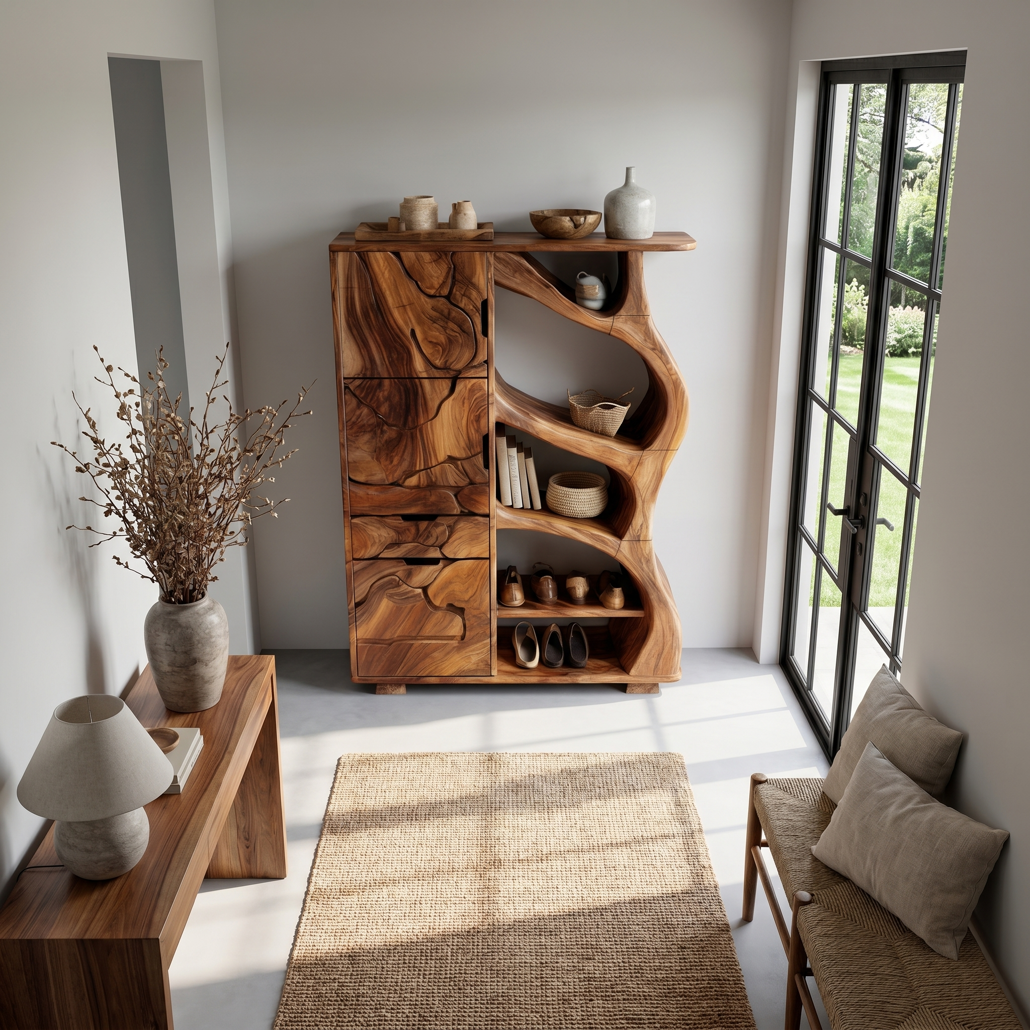 Nature Inspired Entryway Cabinet Organic Storage Design