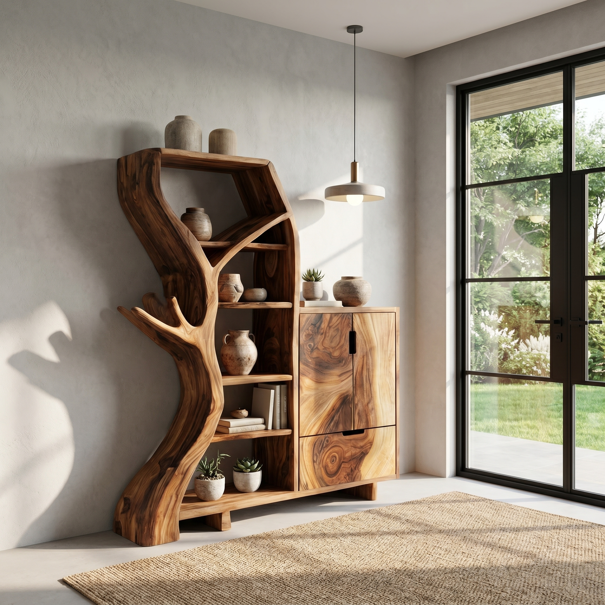Rustic Storage Cabinet With Tree Bookshelf And Display Shelves For Entryway