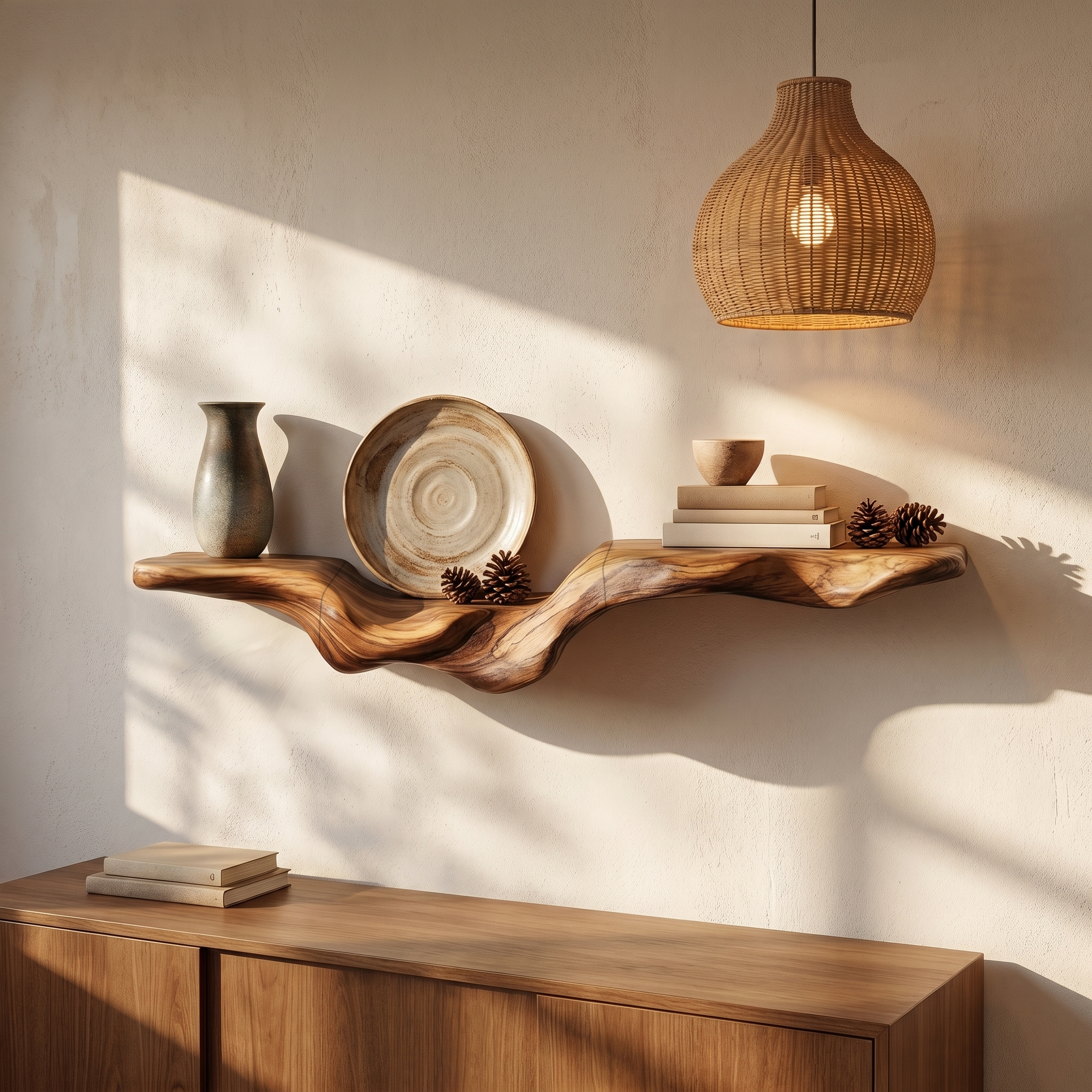 Rustic Floating Shelf With Natural Wood Flowing Form For Living Room