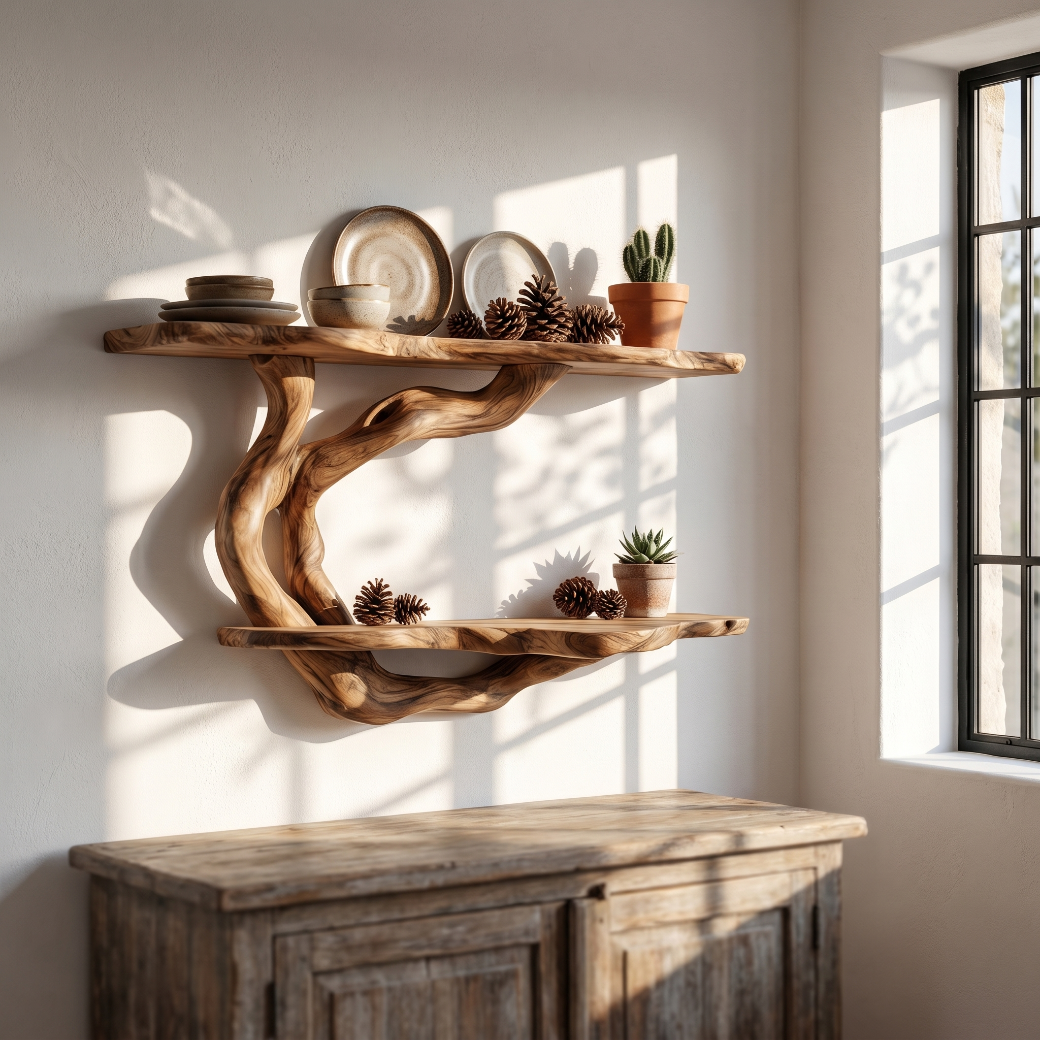 Handcrafted Floating Shelf With Sculptural Tree Form For Living Room Decor