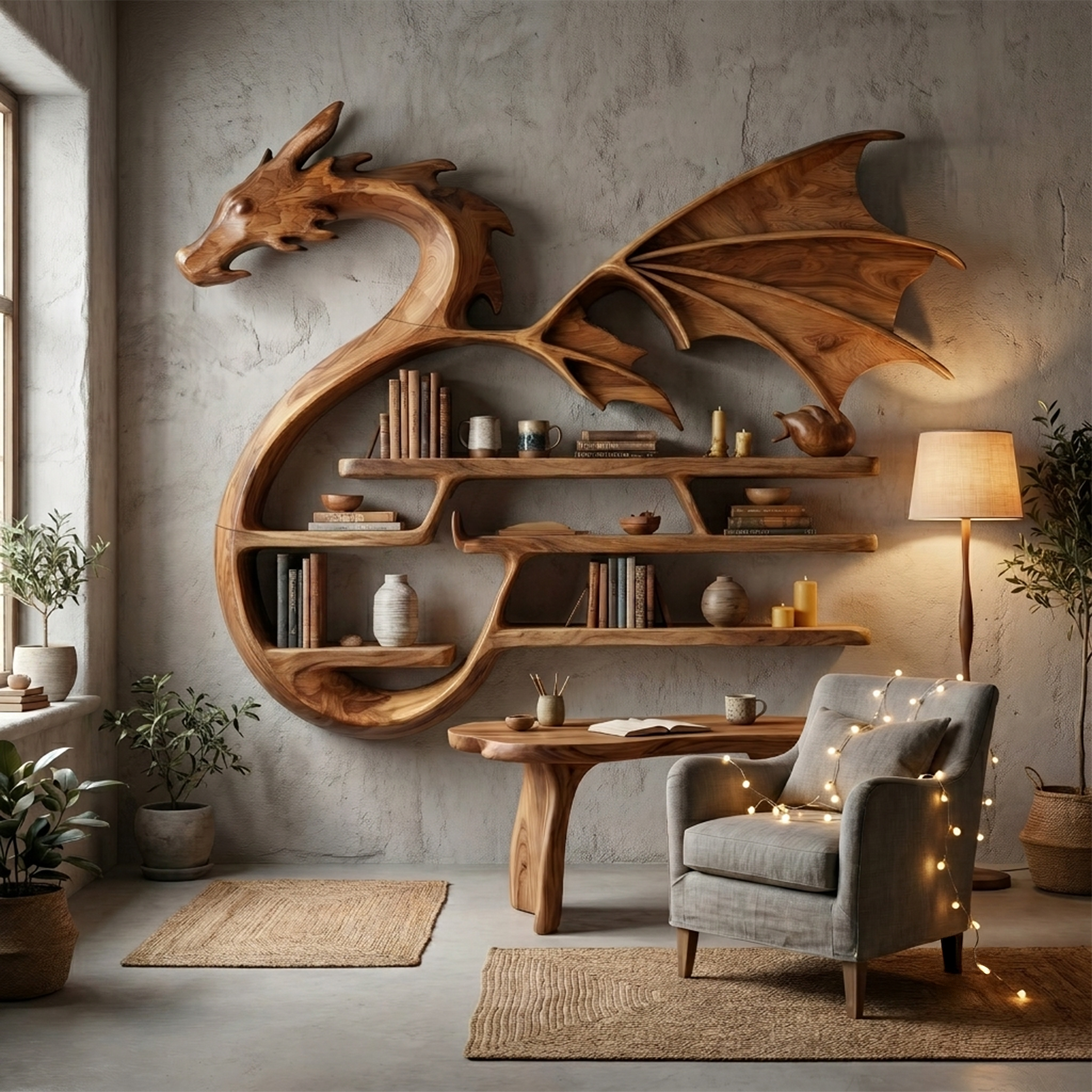 Medieval Dragon Wall Shelf With Sculptural Wooden Display Storage For Living Room