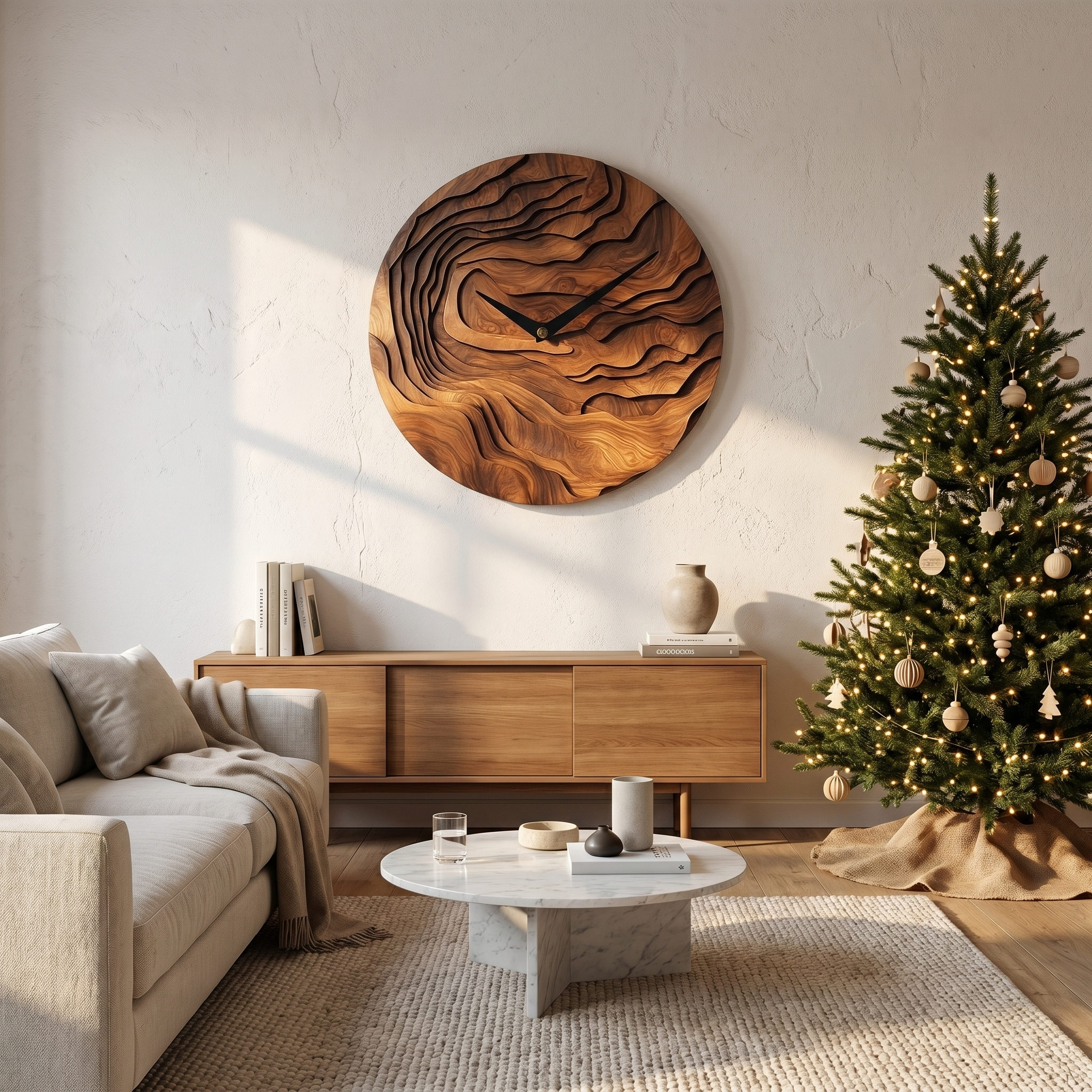 Rustic Wood Wall Clock With Hand Carved Organic Pattern For Living Room