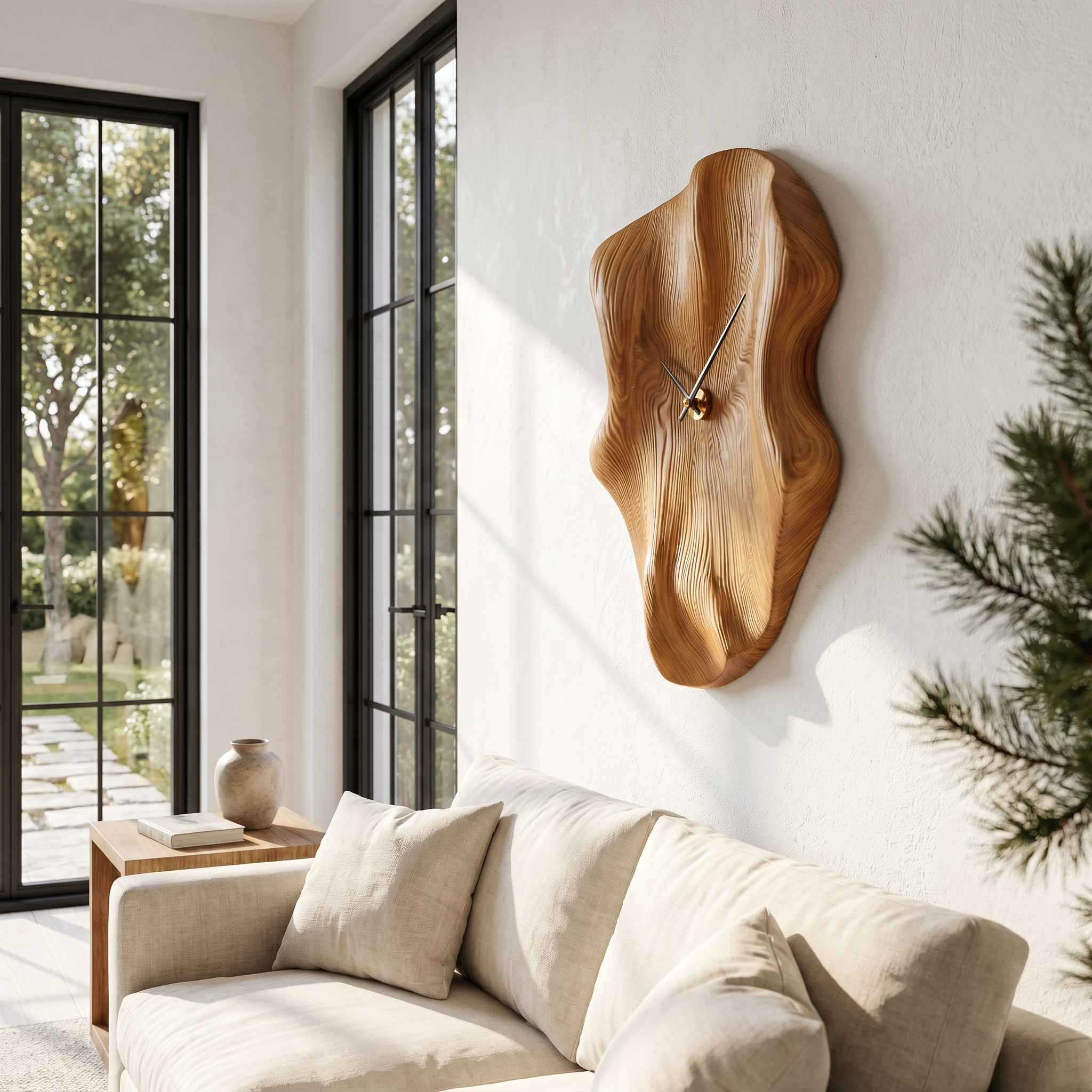 Nature Inspired Wood Wall Clock With Artistic Live Edge Form For Living Room